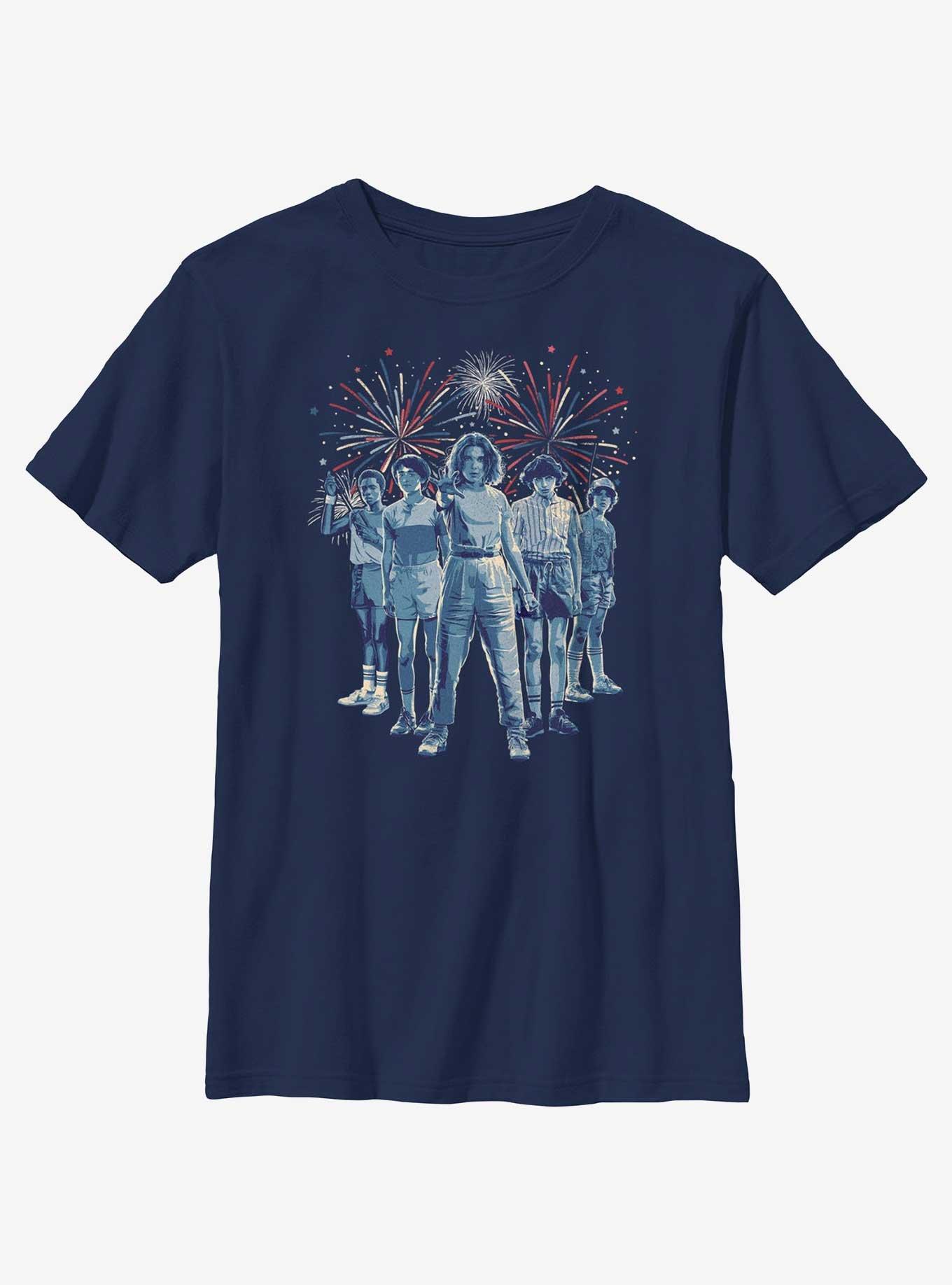 Stranger Things Group Fireworks Youth T-Shirt, NAVY, hi-res