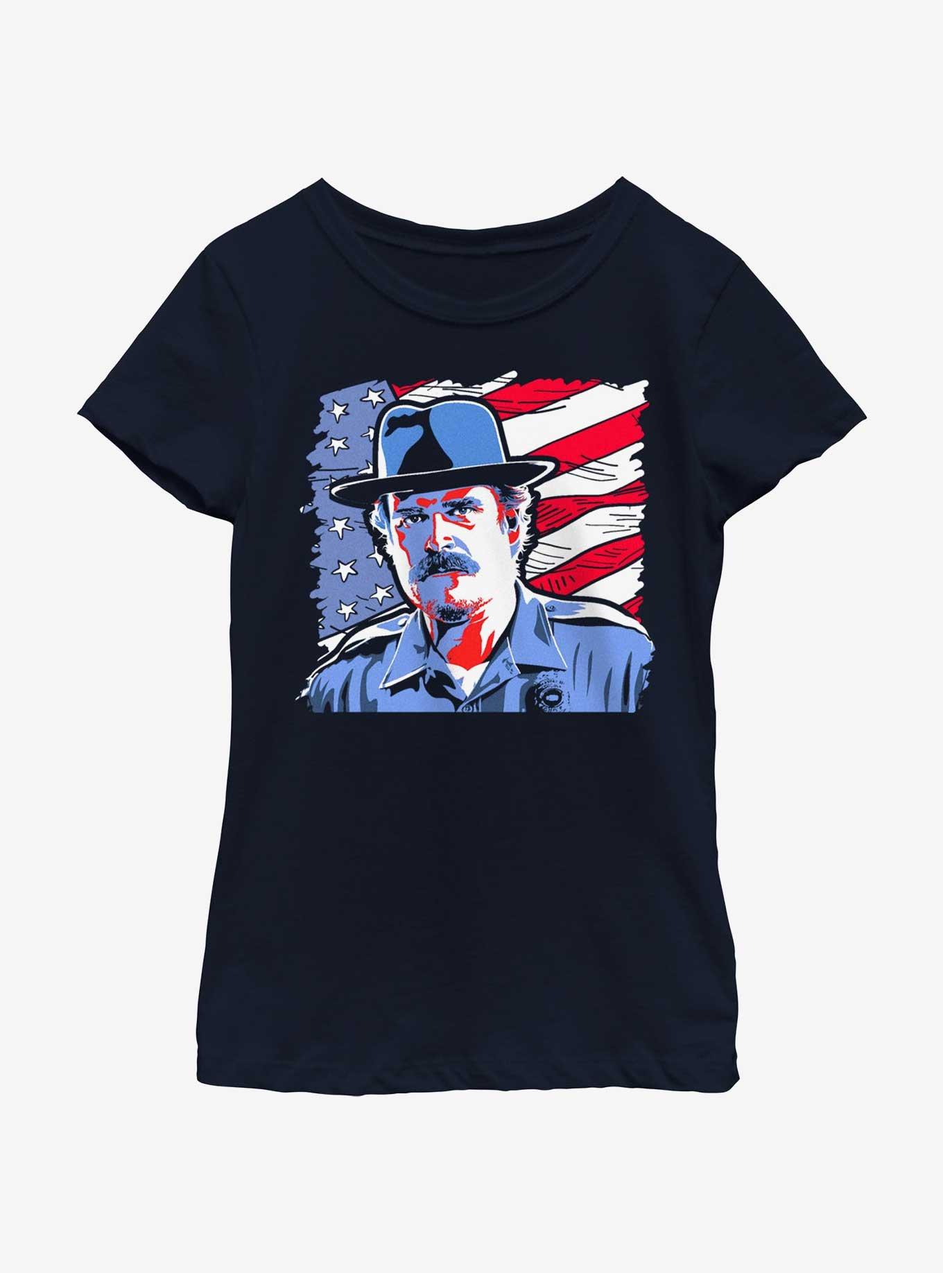 Stranger Things American Pride Hopper Youth Girls T-Shirt, NAVY, hi-res