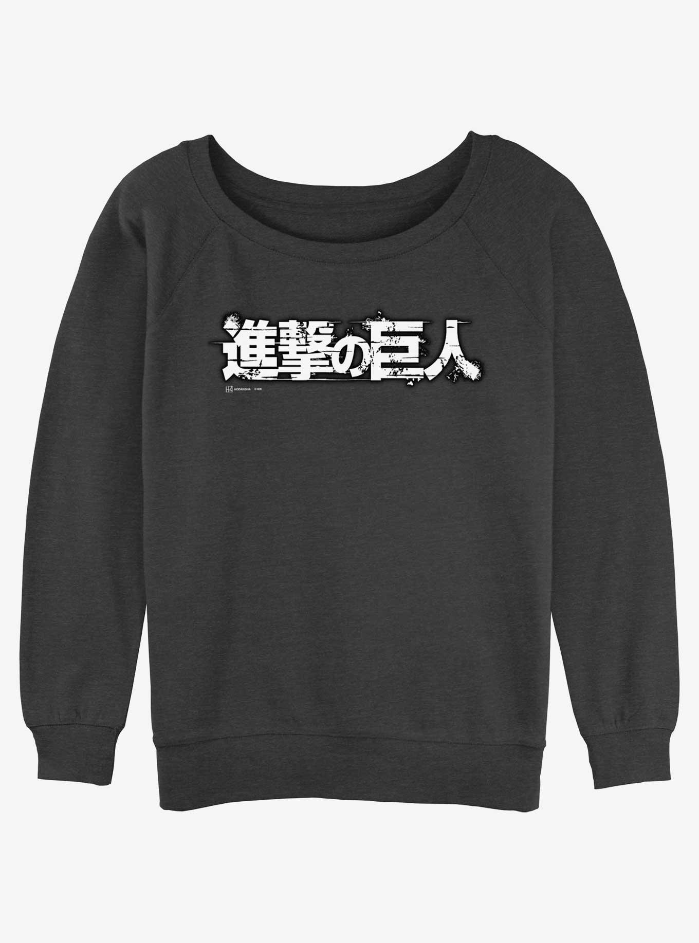 Attack On Titan Japanese Manga Logo Girls Slouchy Sweatshirt, CHAR HTR, hi-res