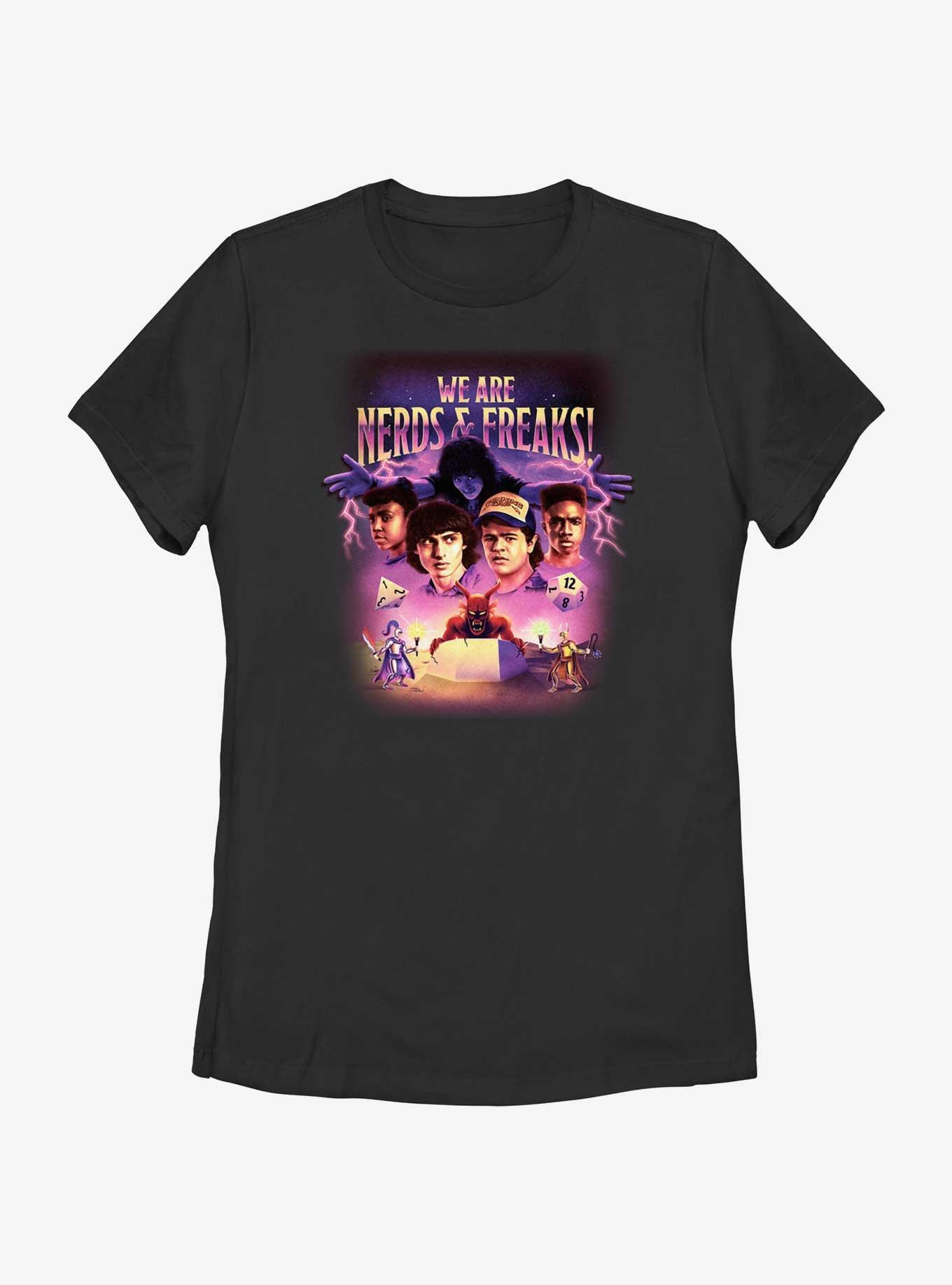 Stranger Things We Are Nerds & Freaks Hellfire Retro Womens T-Shirt, BLACK, hi-res