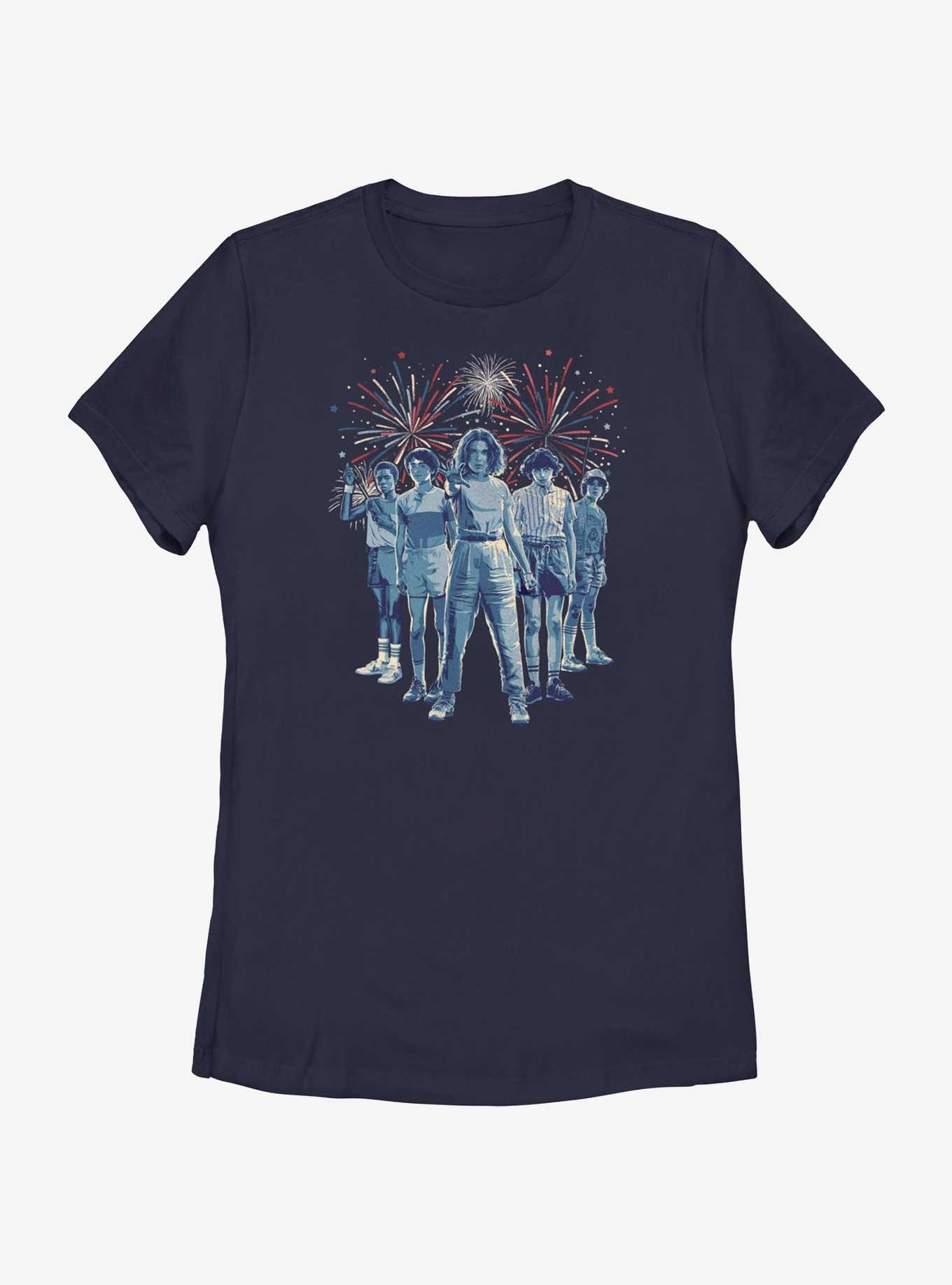 Stranger Things Group Fireworks Womens T-Shirt, NAVY, hi-res