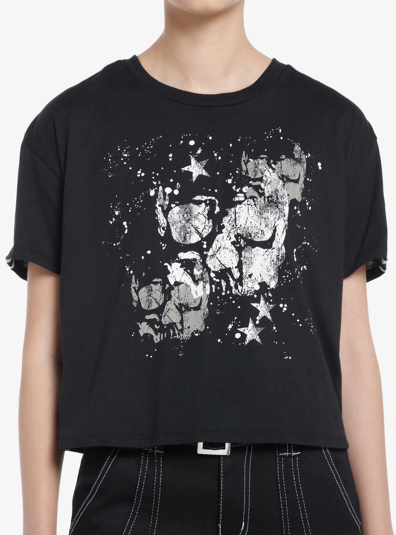 Social Collision Star Stripe Skull Girls Crop T-Shirt, , hi-res