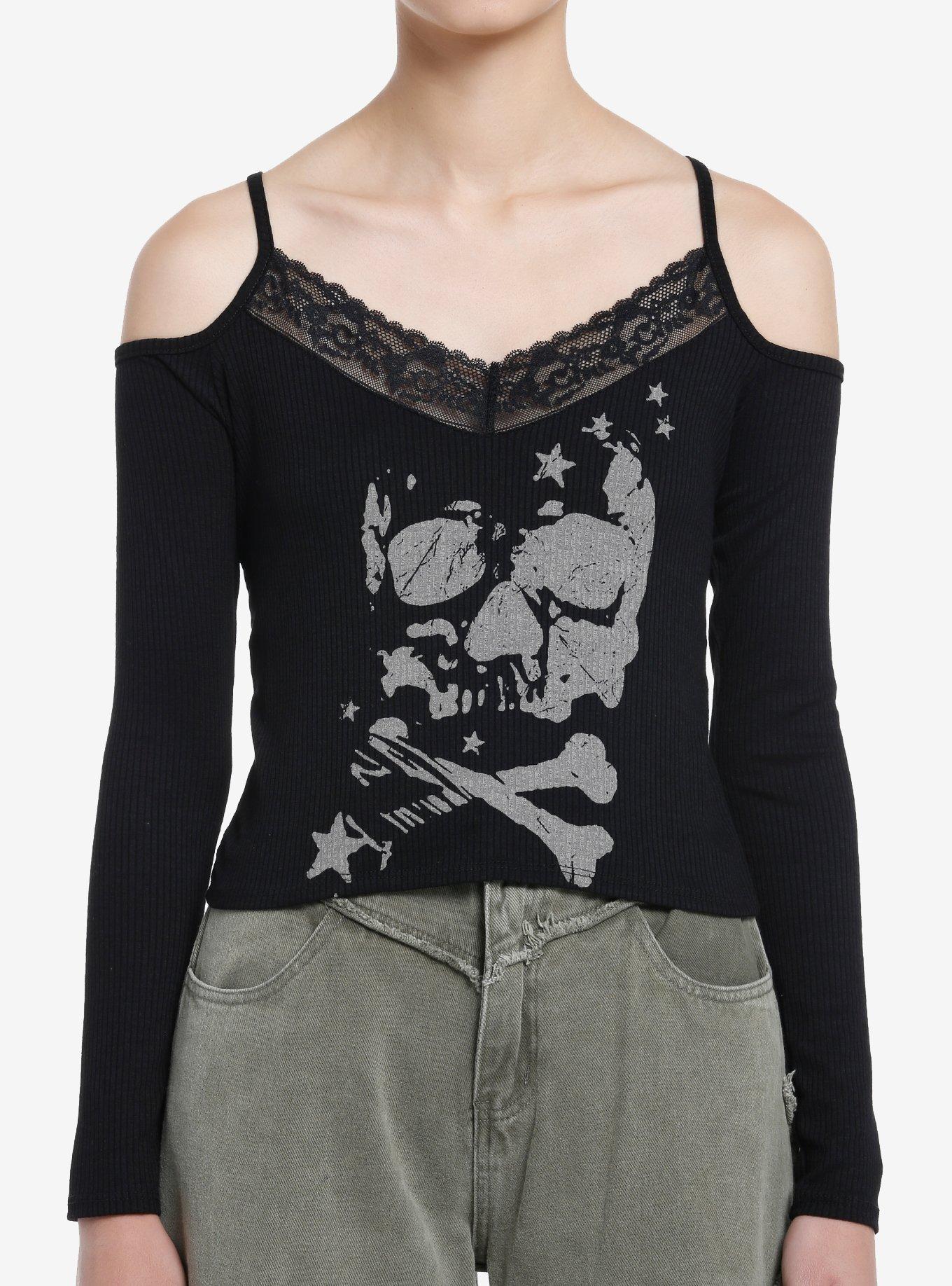 Social Collision Skull Lace Girls Cold Shoulder Long-Sleeve Top, , hi-res