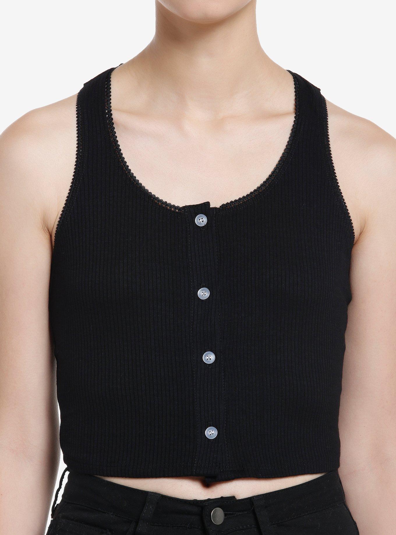 Black Lace Ribbed Girls Tank Top, BLACK, hi-res