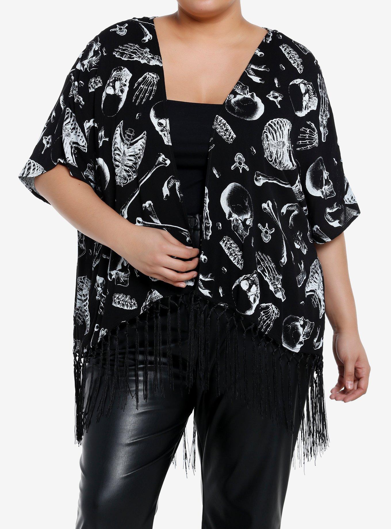 Social Collision Skeletal Anatomy Fringe Short Duster Plus Size, , hi-res