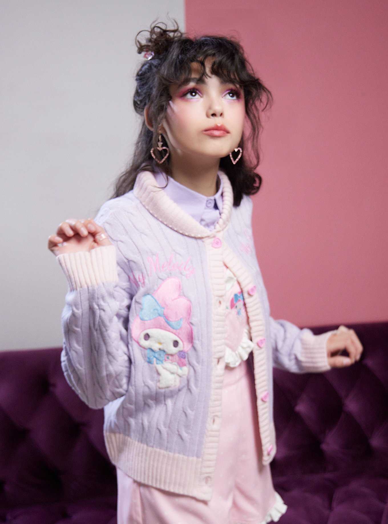 My Melody & My Sweet Piano Cable Knit Girls Cardigan, MULTI, hi-res