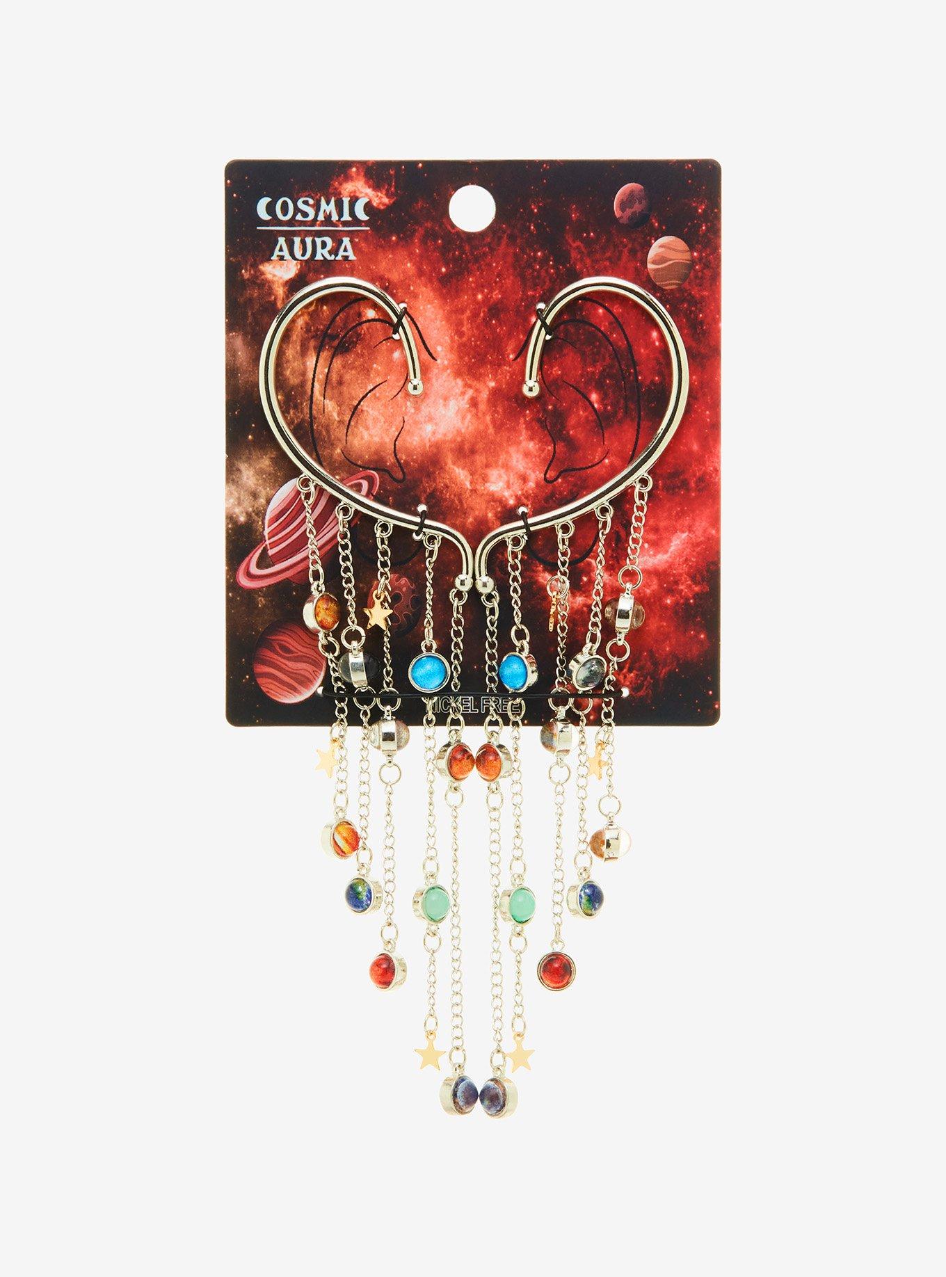 Cosmic Aura Planet Chain Ear Cuffs, , hi-res