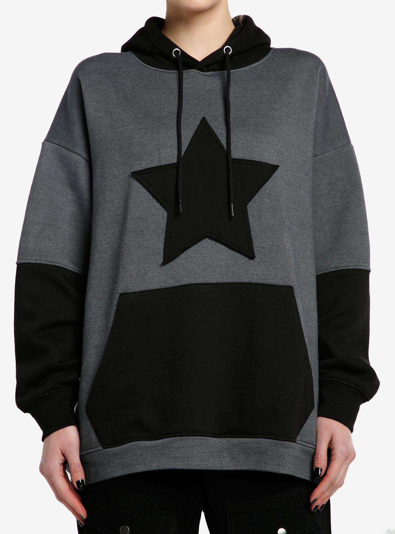 Black & Grey Star Color-Block Girls Oversized Hoodie, BLACK, hi-res