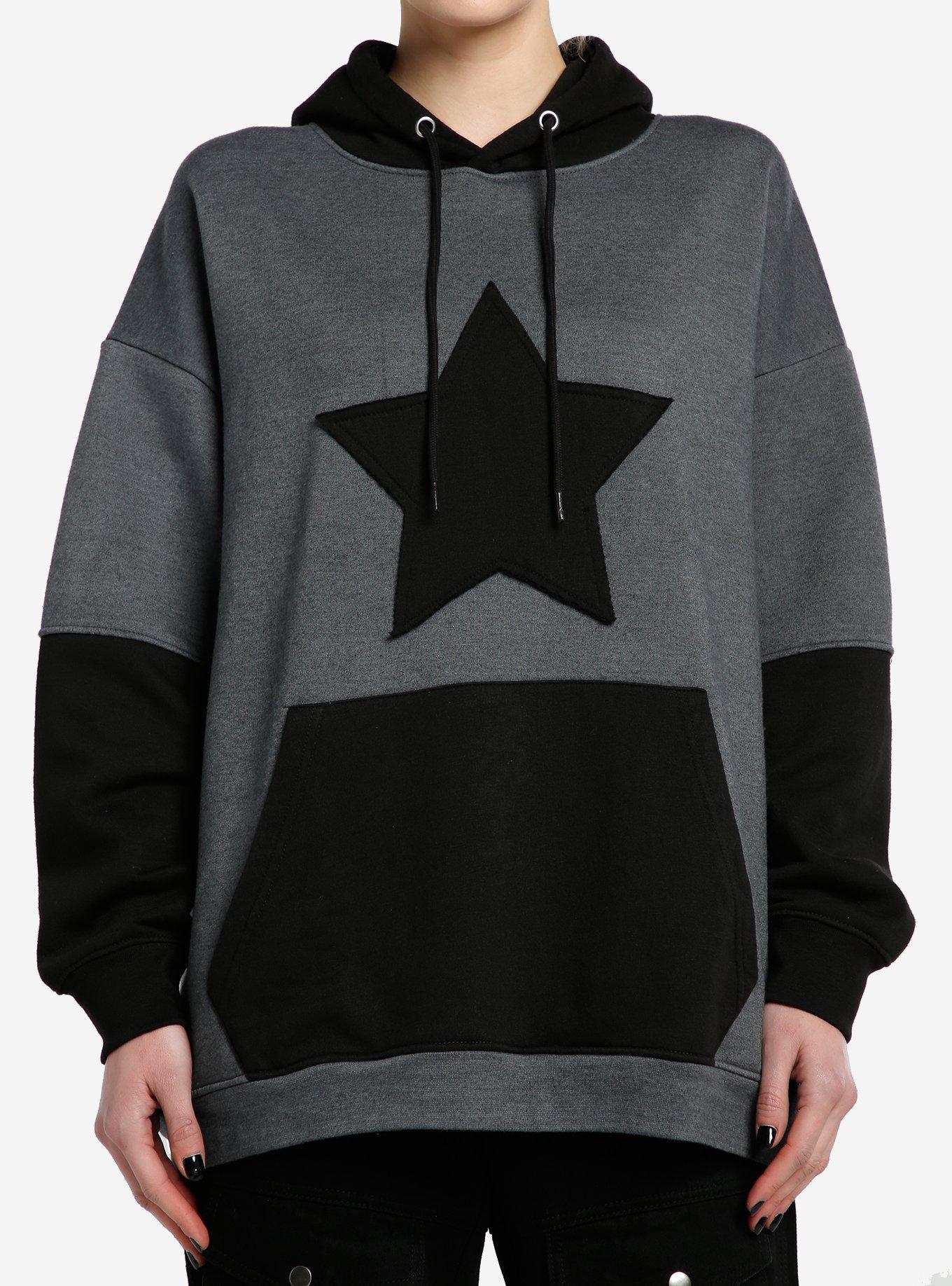 Black & Grey Star Color-Block Girls Oversized Hoodie, , hi-res