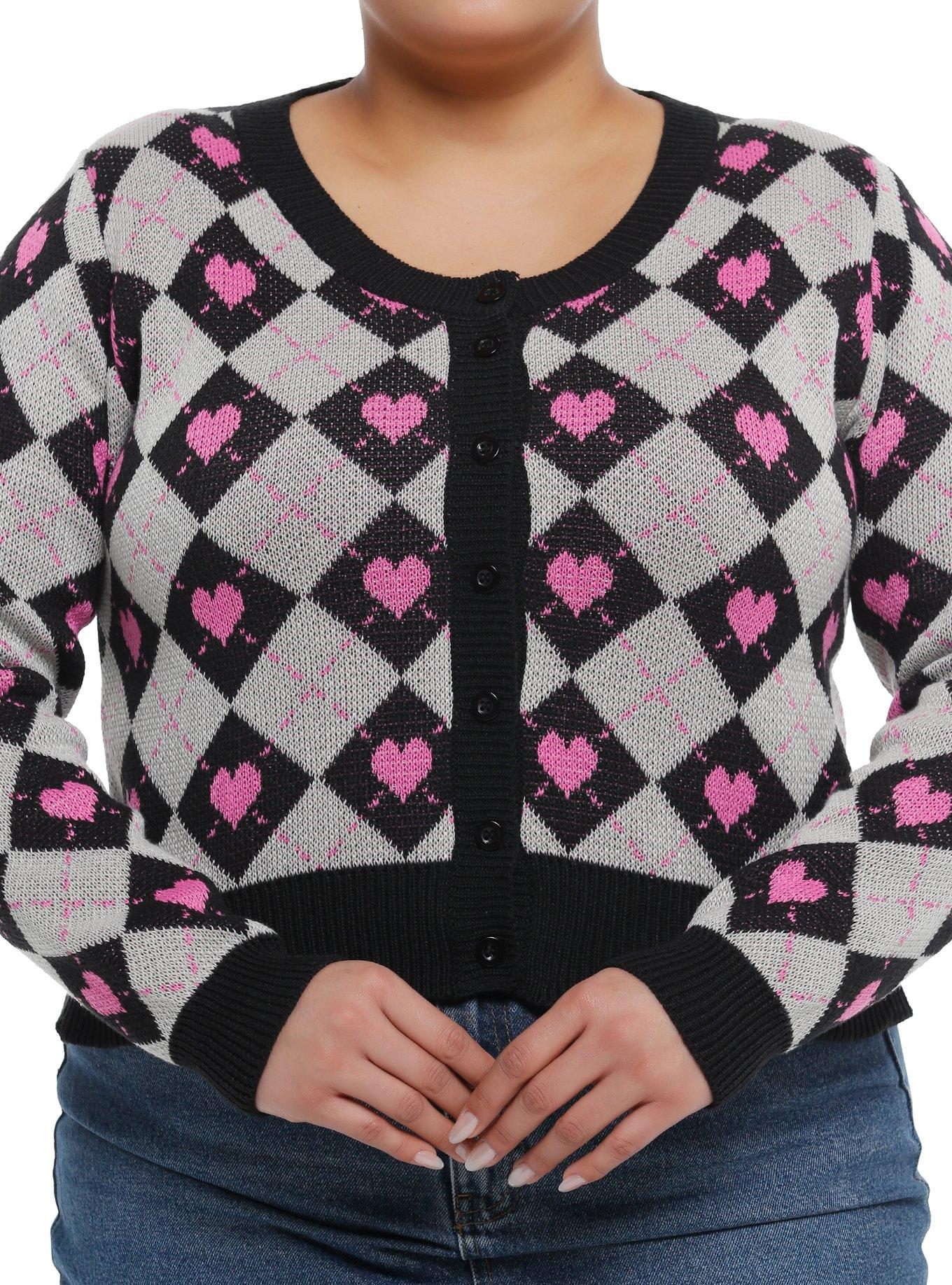 Black & Grey Argyle Heart Girls Cardigan Plus Size, BLACK, hi-res