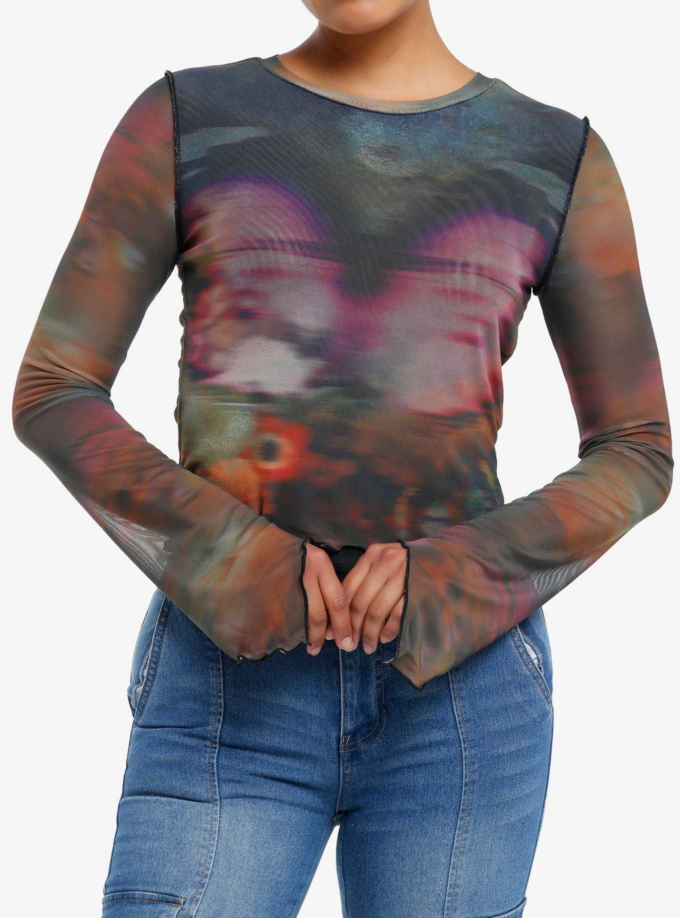 Thorn & Fable Blurry Butterfly Mesh Girls Long-Sleeve Top, , hi-res