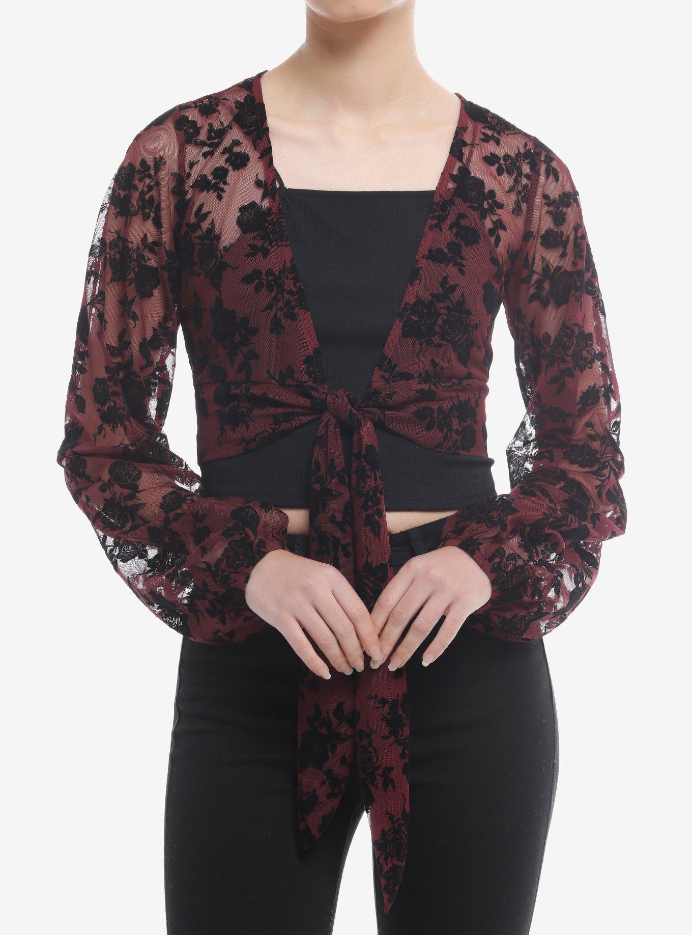 Thorn & Fable&reg; Burgundy & Black Velvet Rose Tie-Front Long-Sleeve Girls Top, MAROON, hi-res