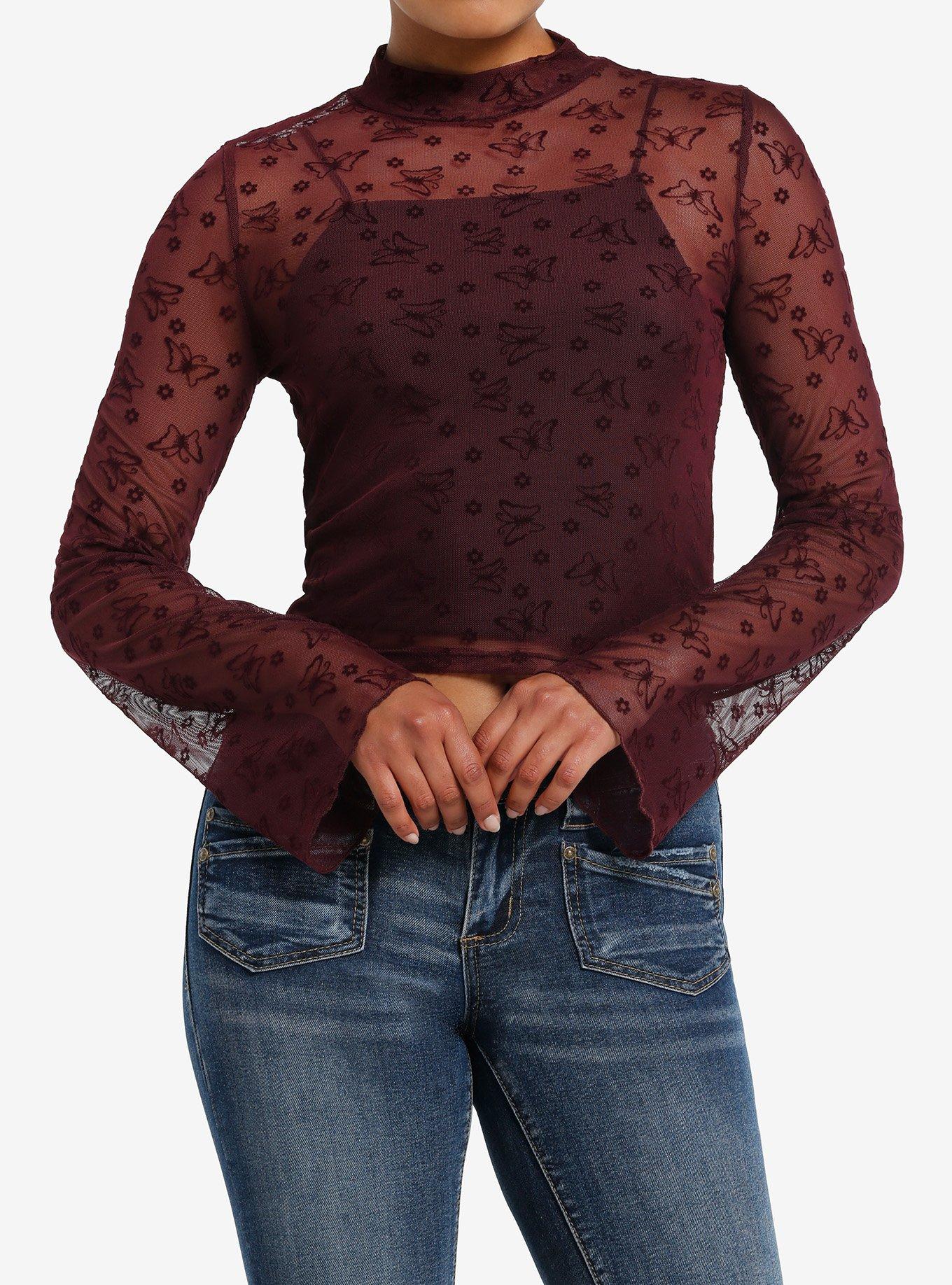 Maroon Floral Mesh Girls Long-Sleeve Top, , hi-res