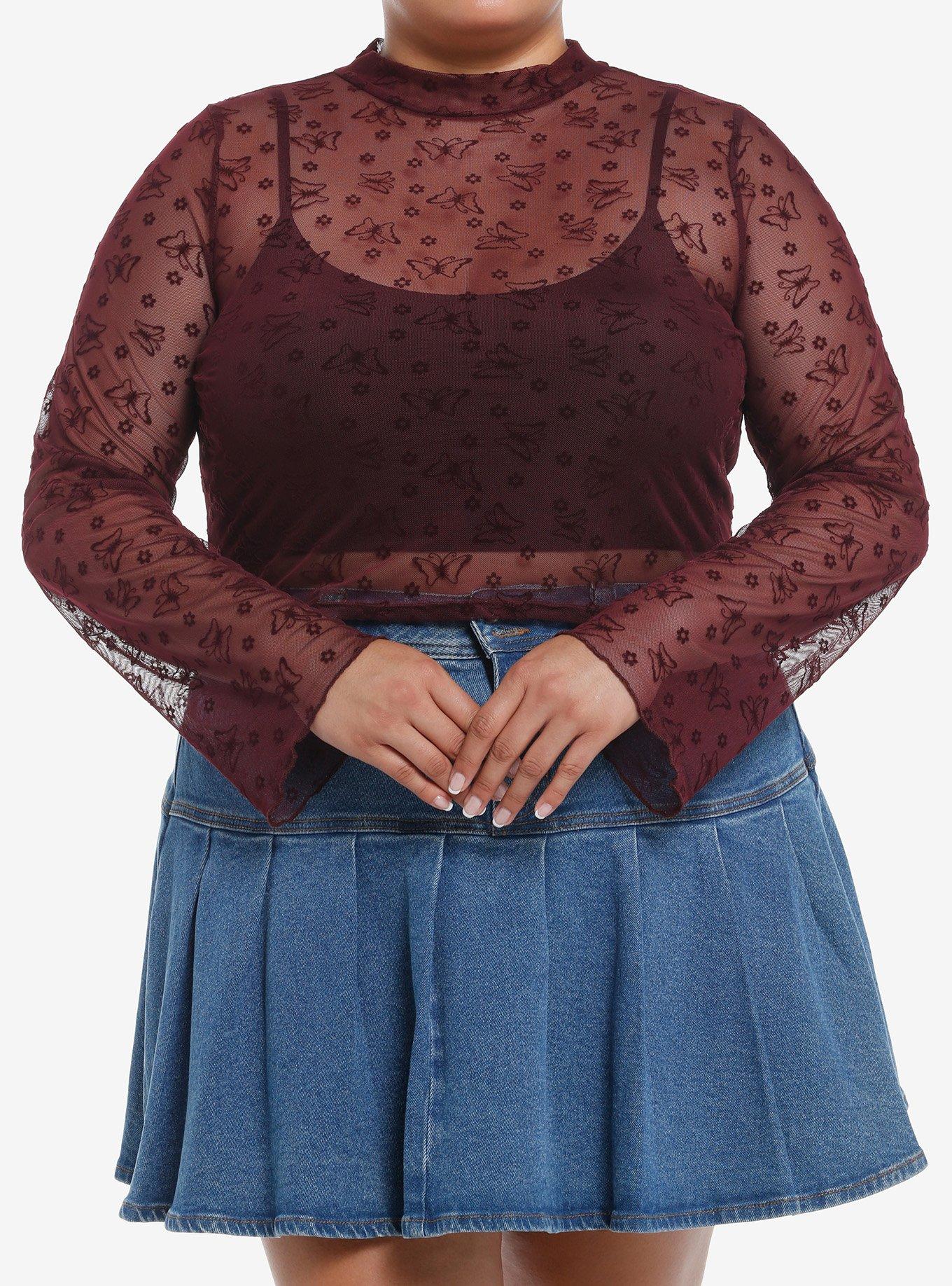 Maroon Floral Mesh Girls Long-Sleeve Twofer Plus