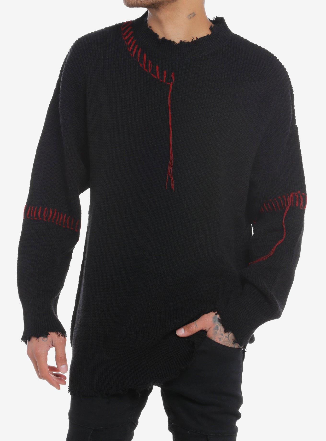 Black Distressed Red Stitch Sweater, , hi-res