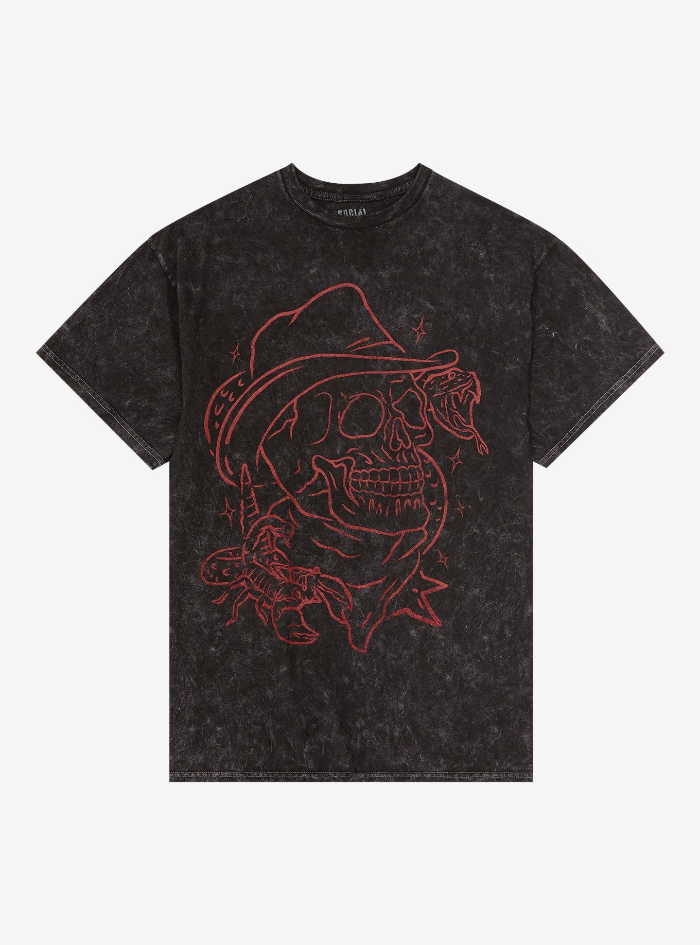 Red Cowboy Skull Dark Wash T-Shirt, BLACK, hi-res