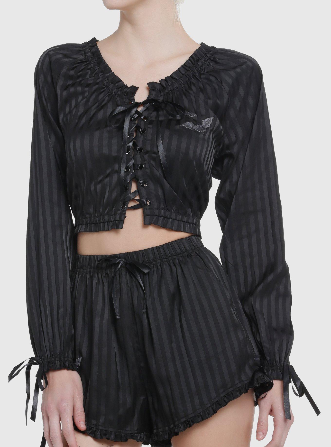Goth Black Pinstripe Girls Lounge Top, , hi-res