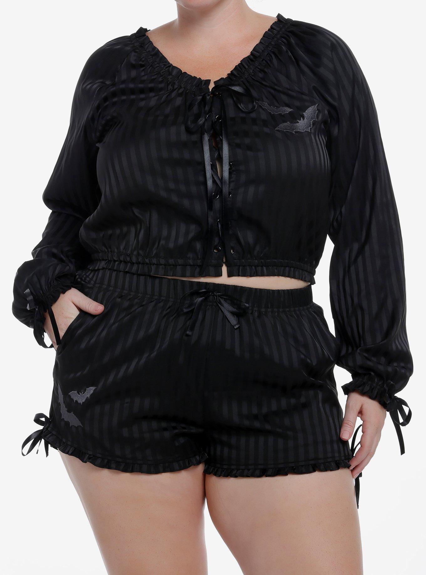 Goth Black Pinstripe Girls Lounge Top Plus Size, , hi-res