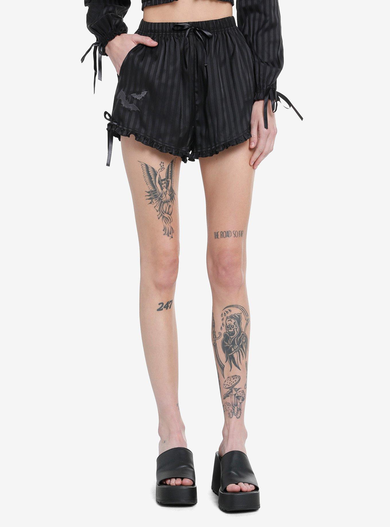 Goth Black Pinstripe Girls Lounge Shorts, BLACK, hi-res