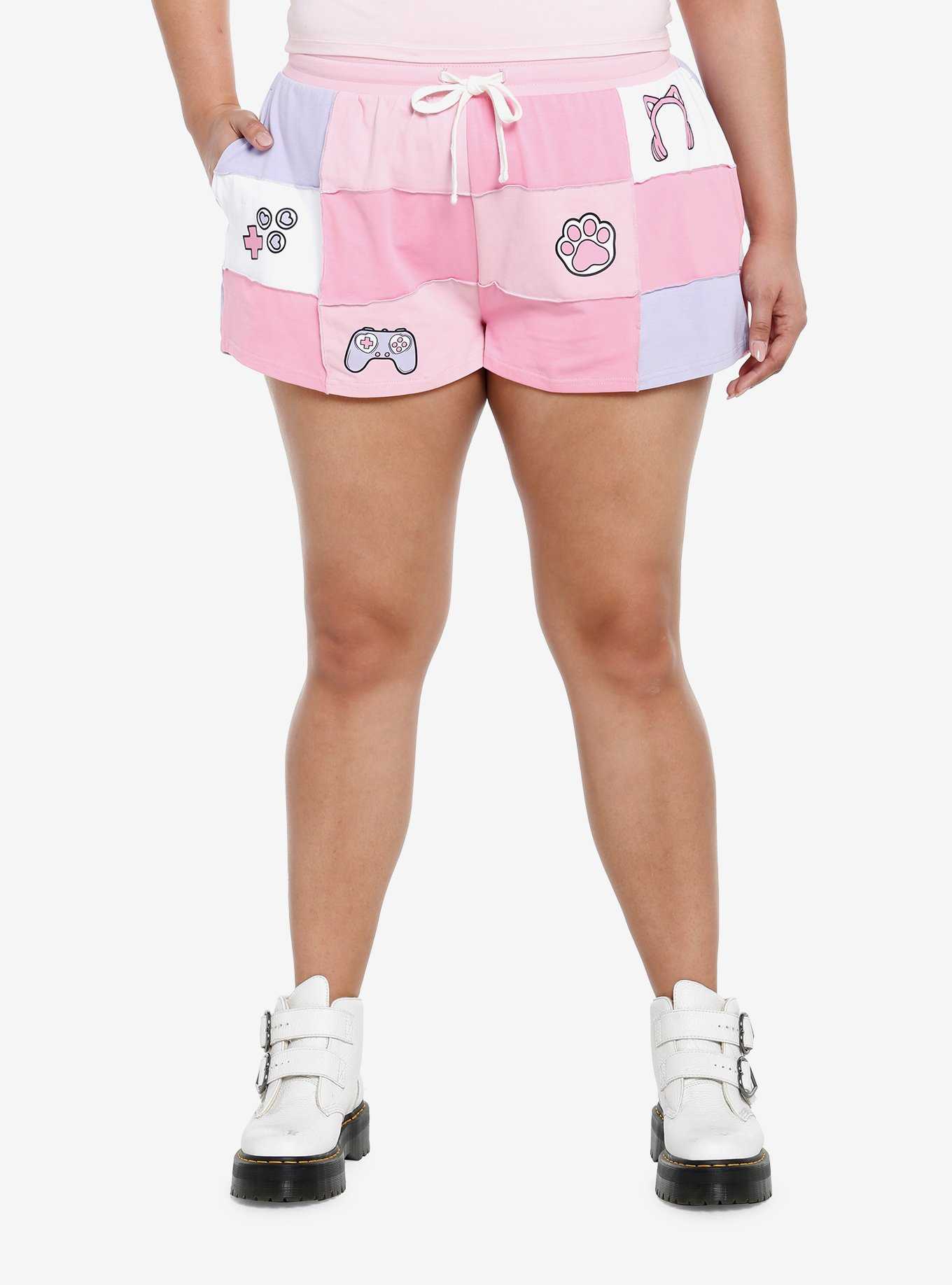 Pink Gamer Patch Girls Lounge Shorts Plus Size, , hi-res