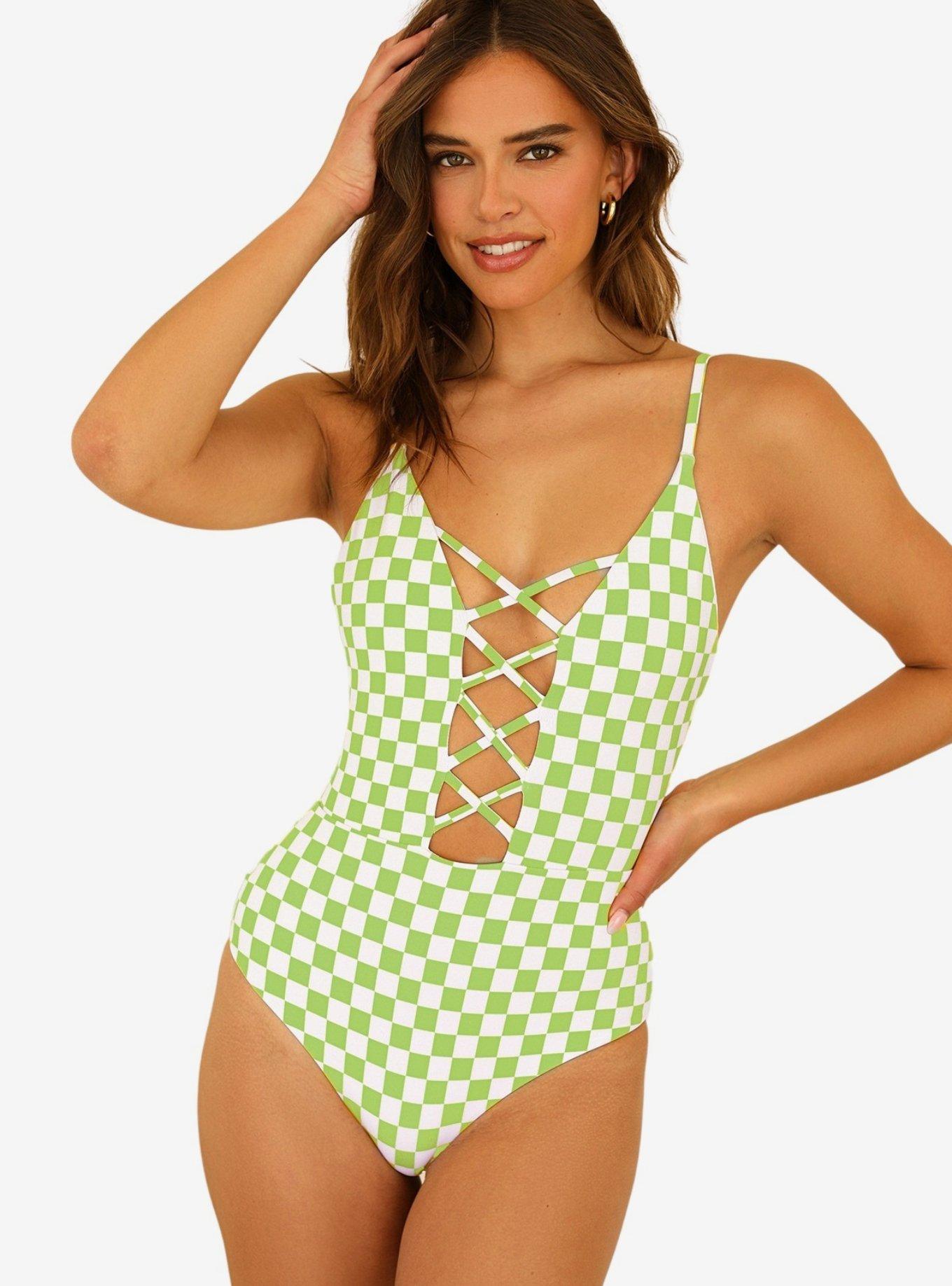 Dippin' Daisy's Bliss Swim One Piece Checked Out Green, CHECKERED, hi-res
