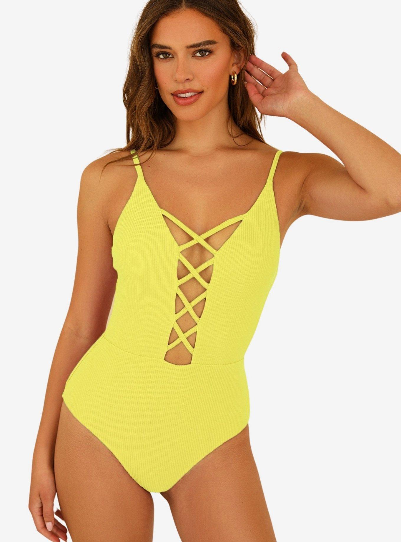 Dippin' Daisy's Bliss Swim One Piece Lemon Yellow Ribbed, BRIGHT YELLOW, hi-res