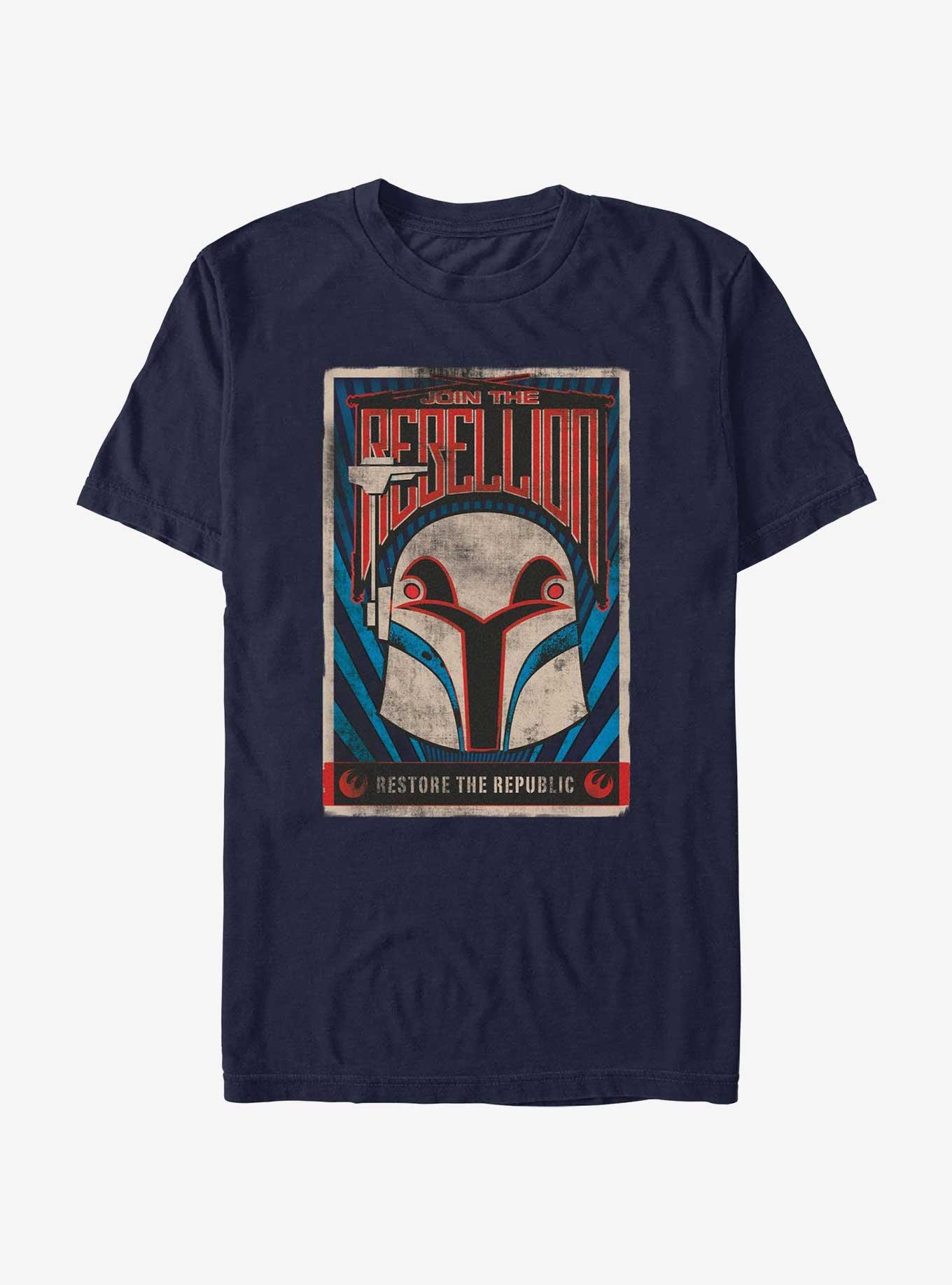 Star Wars: Rebels Join The Rebellion Restore The Republic Poster T-Shirt Hot Topic Web Exclusive, NAVY, hi-res