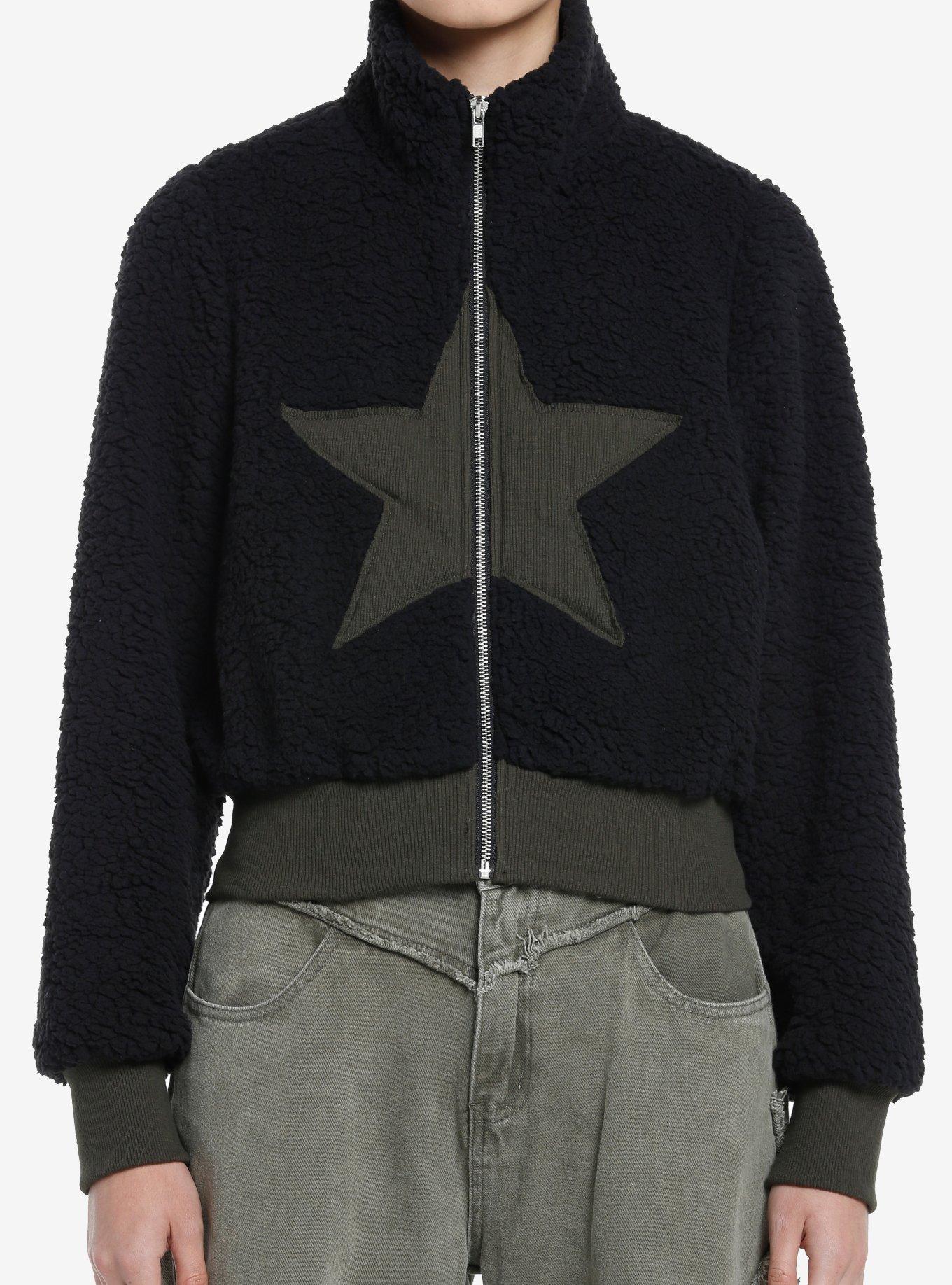 Black Star Fuzzy Crop Girls Jacket, BLACK, hi-res