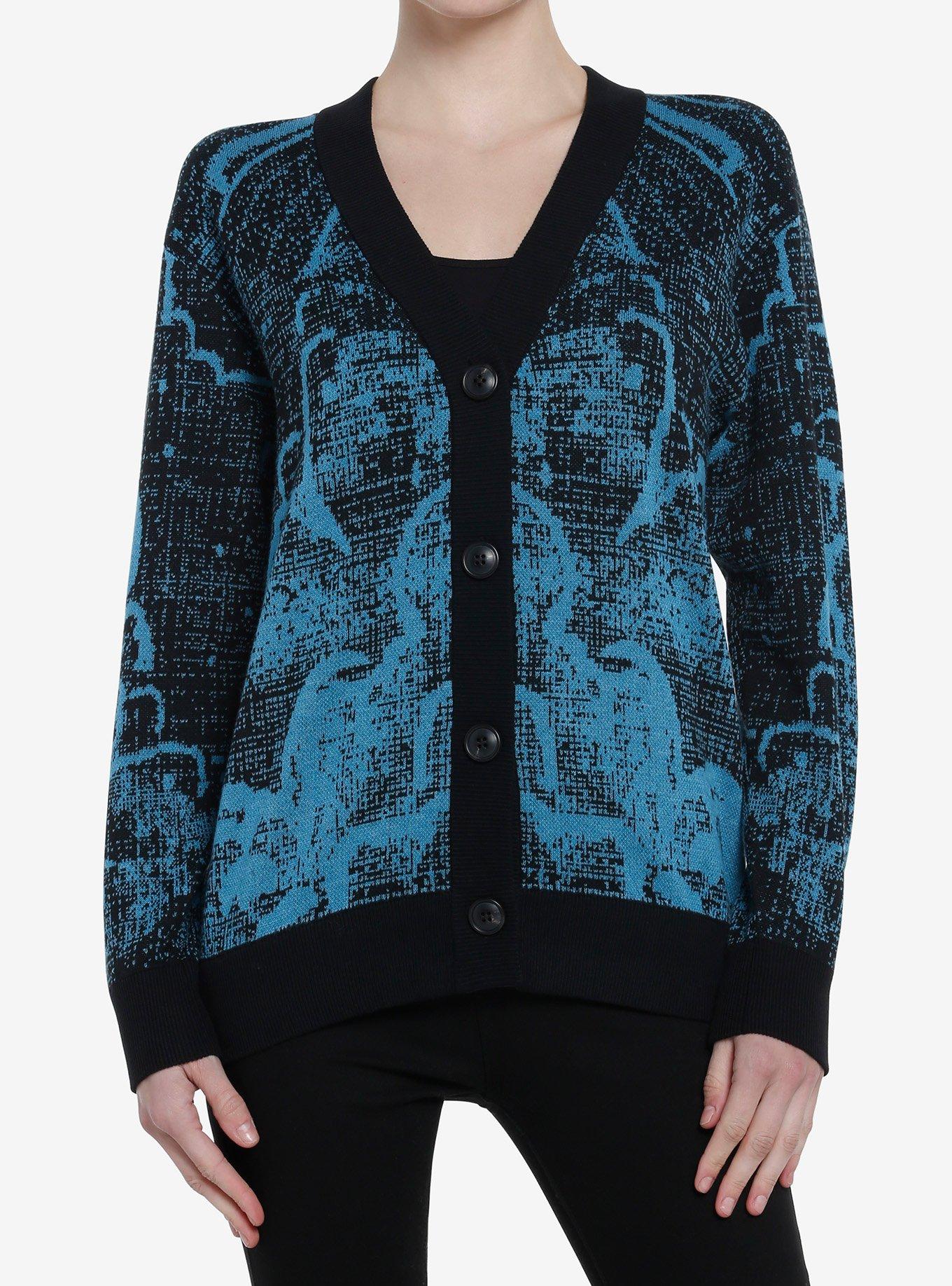 Cosmic Aura Black & Blue Clouds Girls Cardigan, BLUE, hi-res