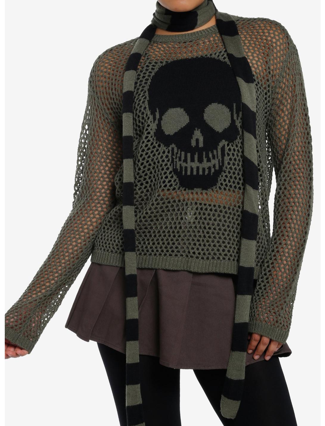 Social Collision Skull Girls Knit Sweater With Scarf, BLACK, hi-res