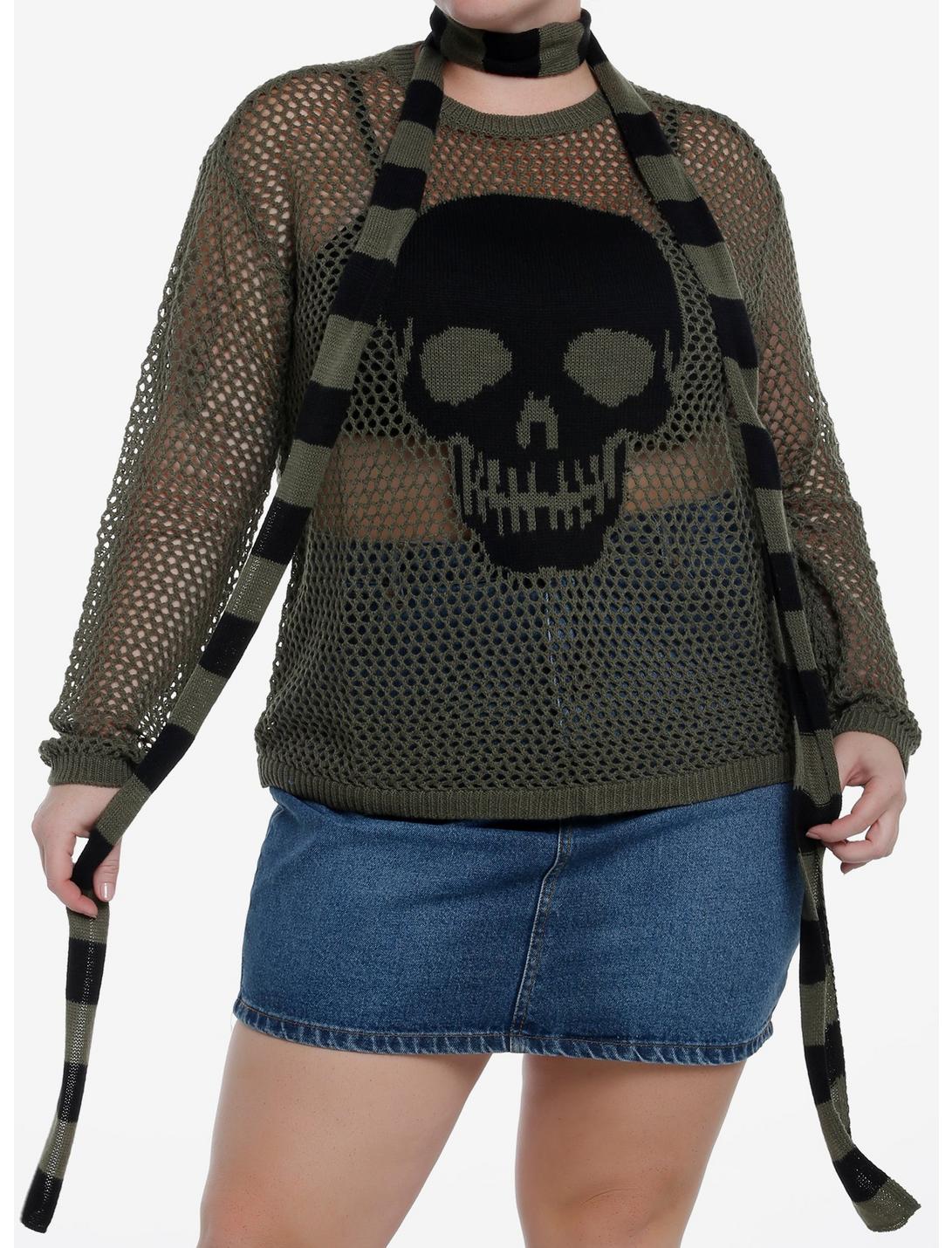 Social Collision Skull Girls Knit Sweater With Scarf Plus Size, BLACK, hi-res