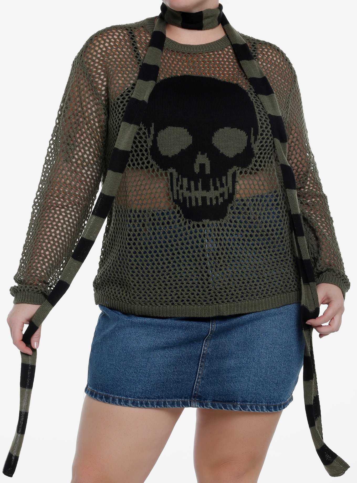 Social Collision Skull Girls Knit Sweater With Scarf Plus Size, , hi-res