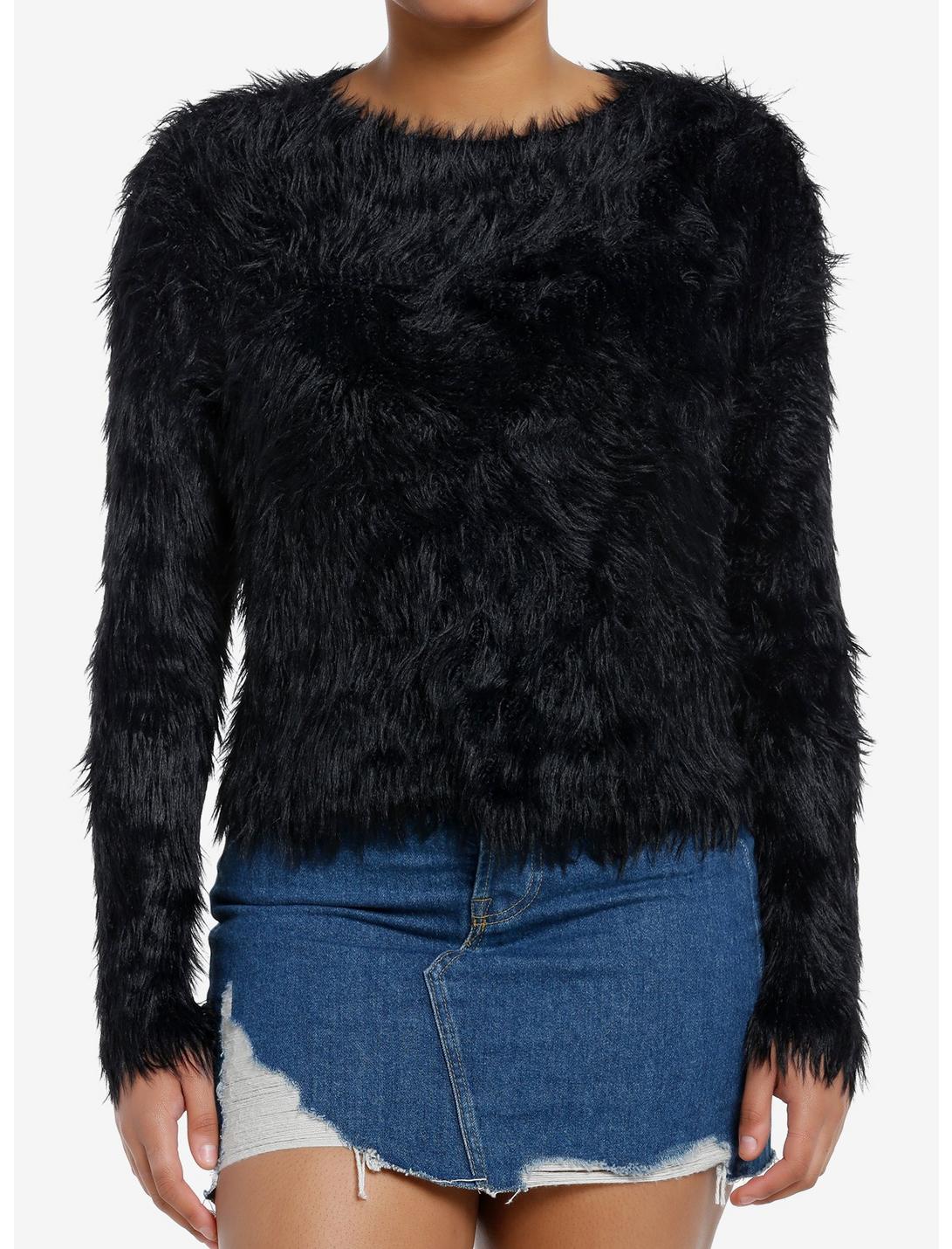 Social Collision Black Fuzzy Shag Girls Sweater, BLACK, hi-res