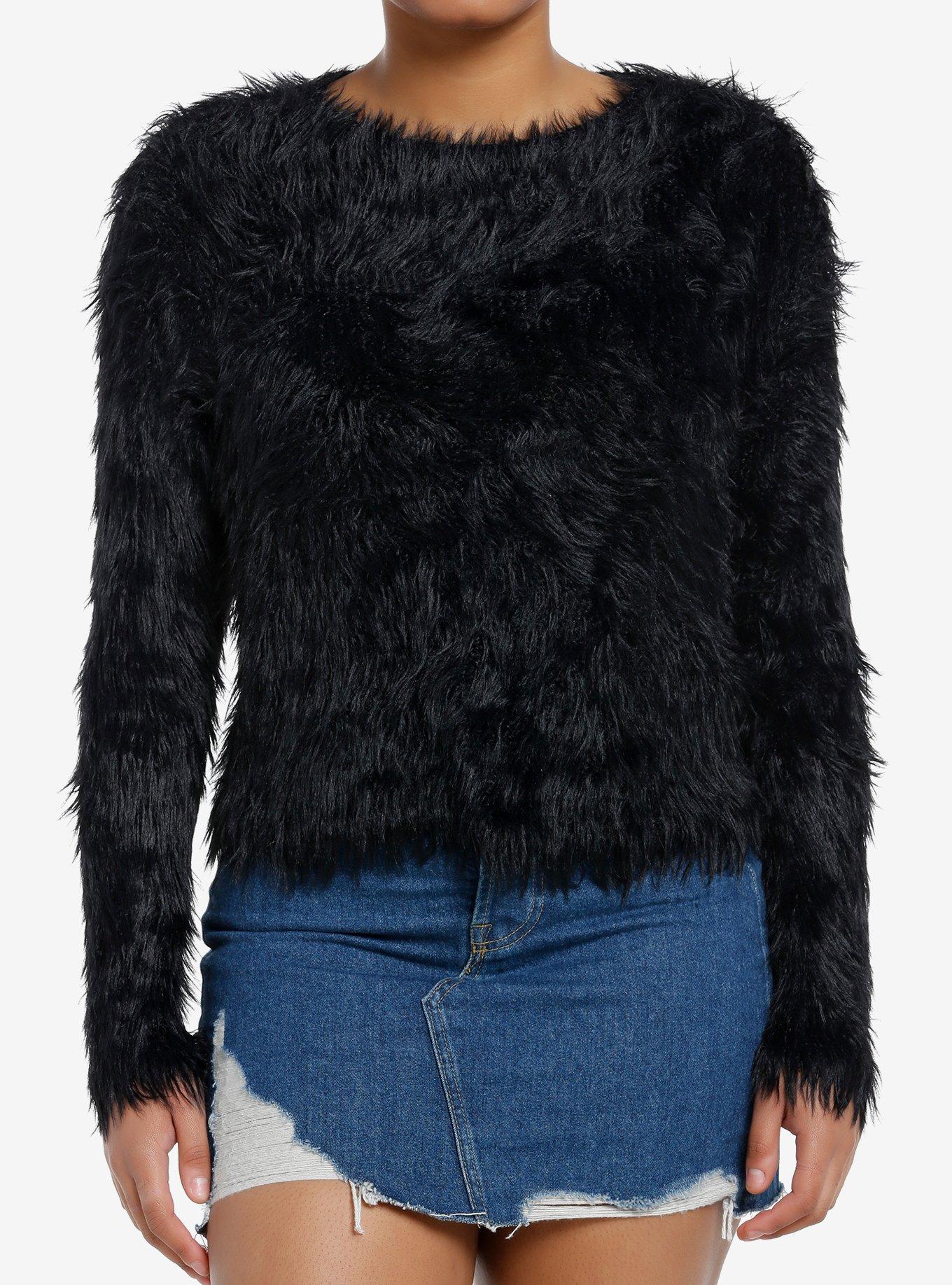 Social Collision Black Fuzzy Shag Girls Sweater, , hi-res