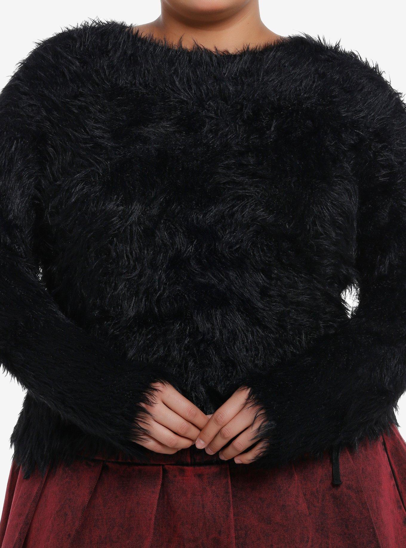 Social Collision Black Fuzzy Shag Girls Sweater Plus Size, BLACK, hi-res