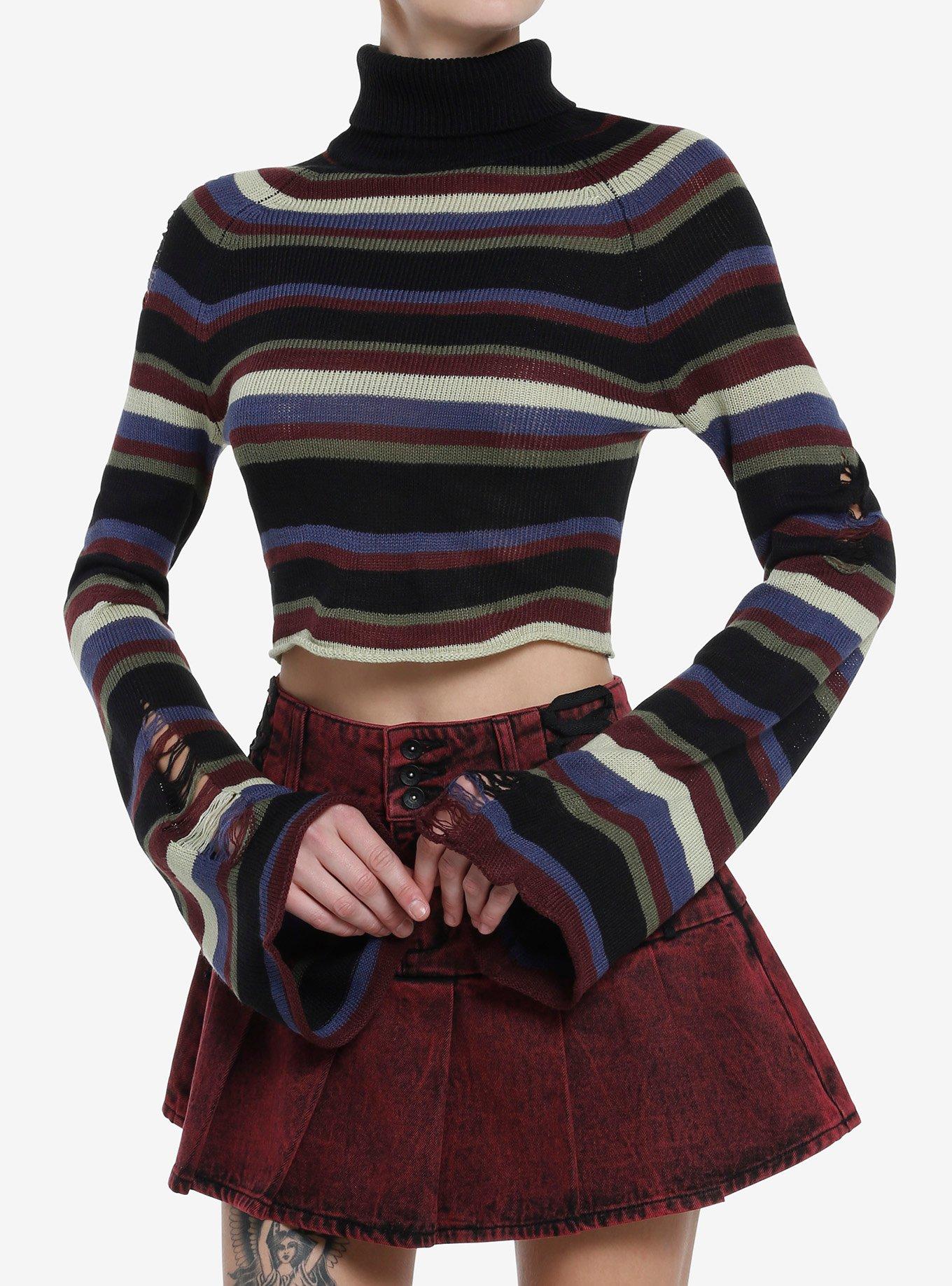 Social Collision Distressed Multicolor Stripe Girls Crop Turtleneck, MULTI, hi-res