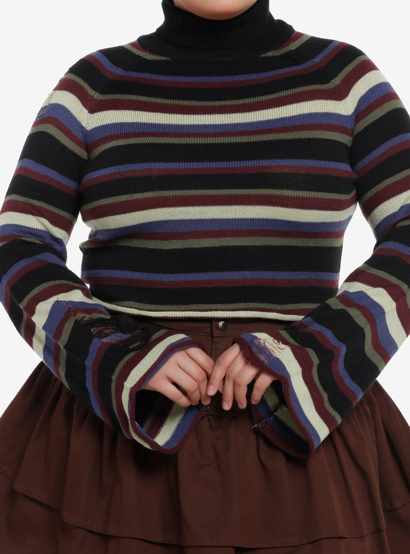 Social Collision Distressed Multicolor Stripe Girls Crop Turtleneck Plus Size, MULTI, hi-res