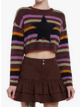 Social Collision Fuzzy Multicolor Stripe Star Girls Crop Sweater, , hi-res