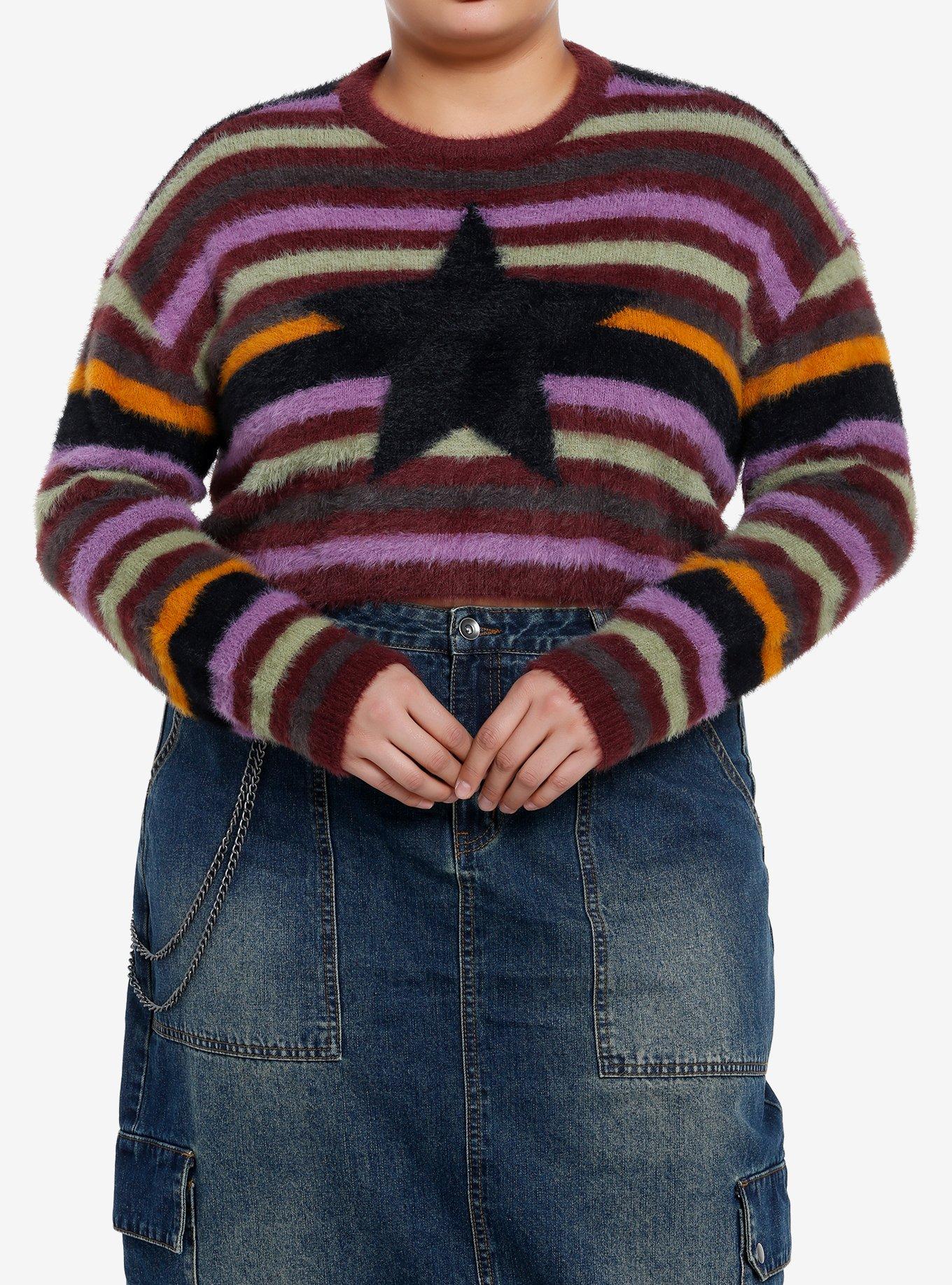 Social Collision Fuzzy Multicolor Stripe Star Girls Crop Sweater Plus Size, , hi-res