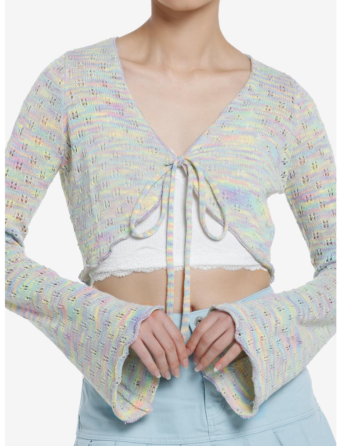 Thorn & Fable Pastel Rainbow Girls Bell Sleeve Knit Shrug, PINK, hi-res