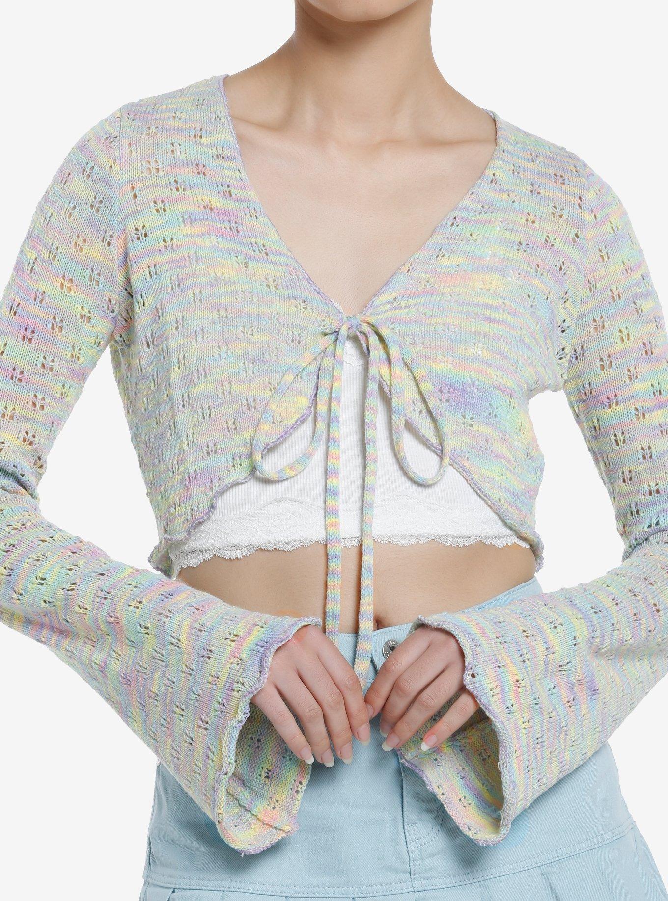 Thorn & Fable Pastel Rainbow Girls Bell Sleeve Knit Shrug, PINK, hi-res