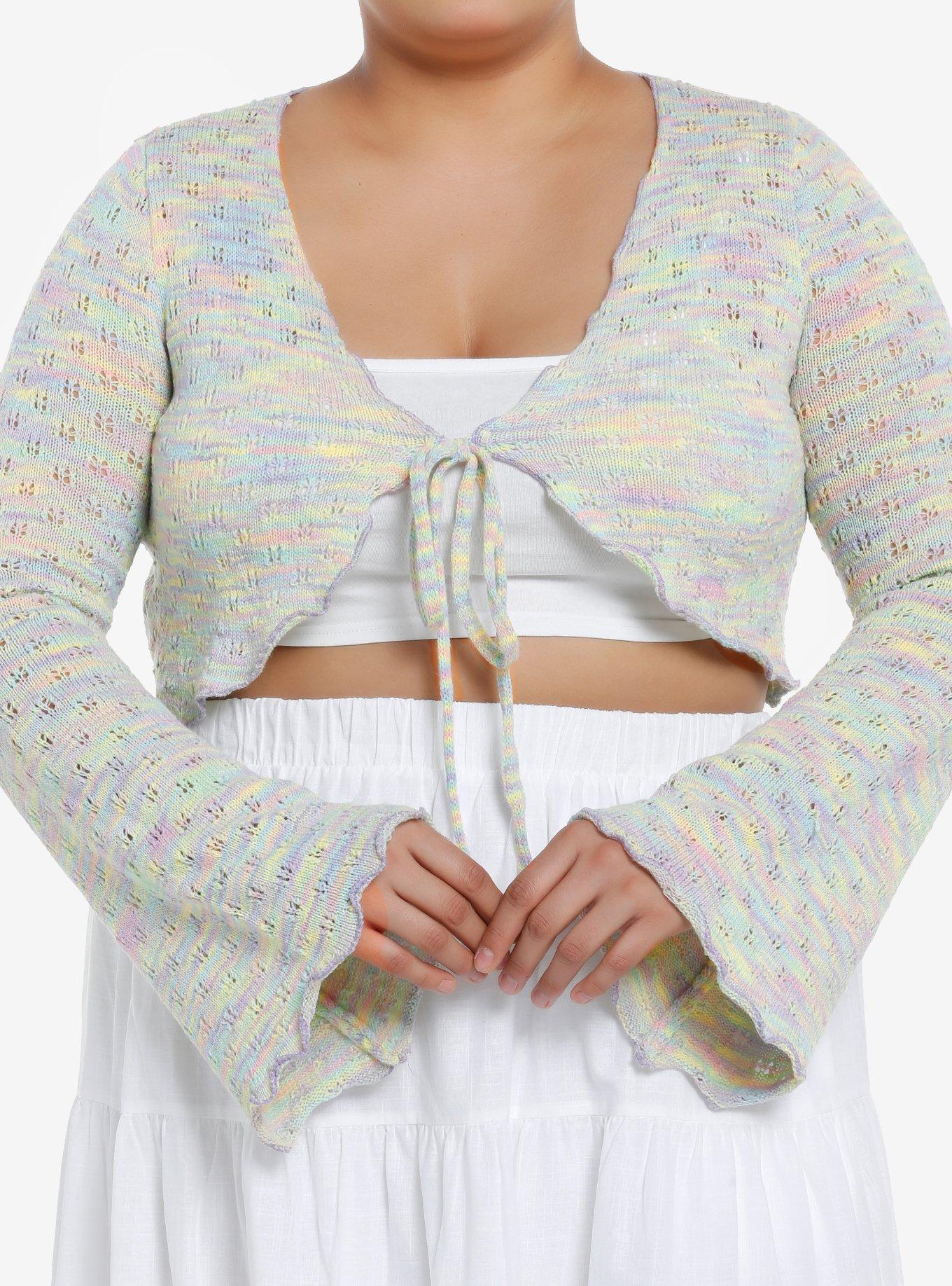 Thorn & Fable Pastel Rainbow Girls Bell Sleeve Knit Shrug Plus Size, PINK, hi-res