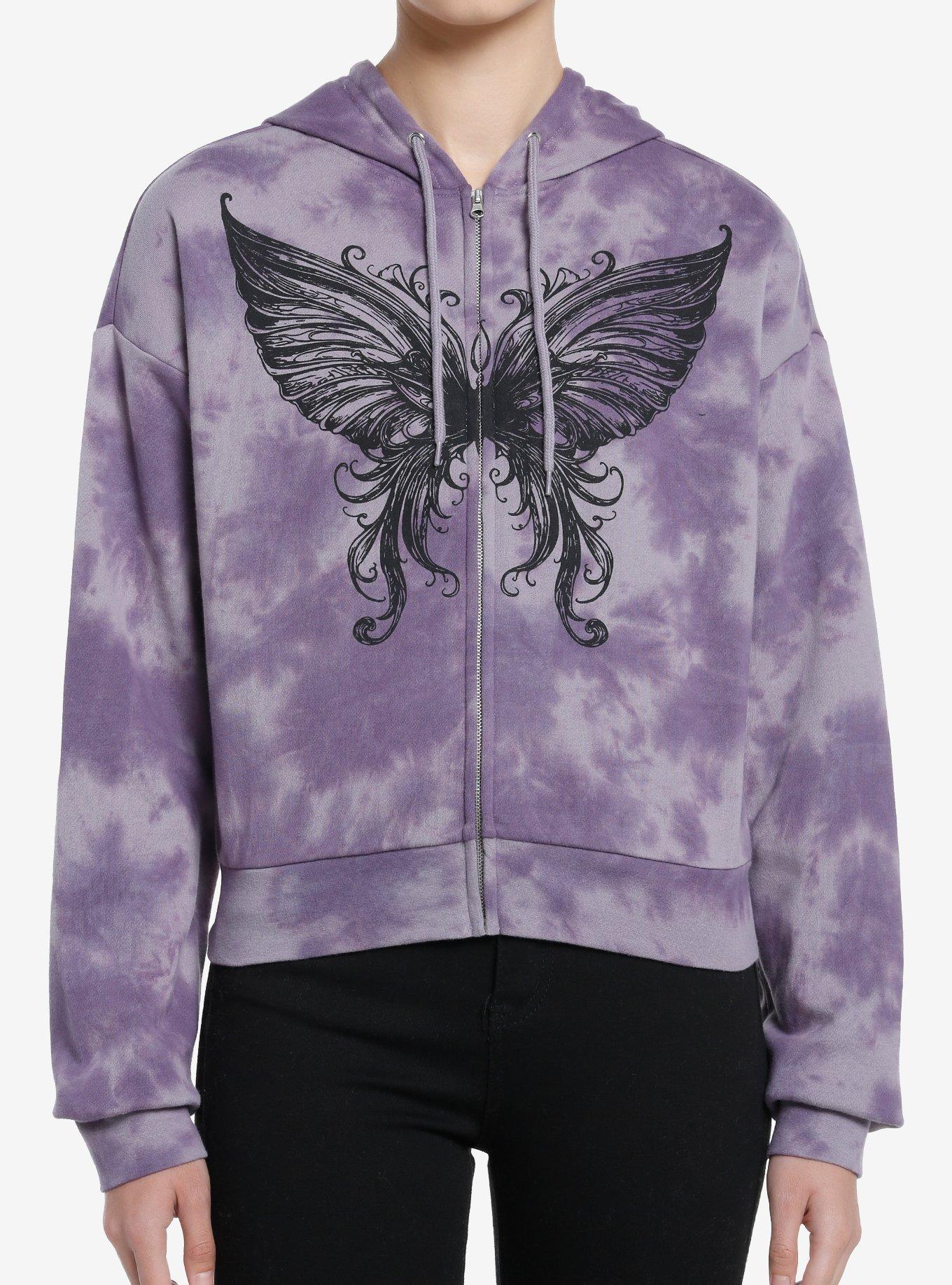 Thorn & Fable Butterfly Purple Tie-Dye Girls Crop Hoodie | Hot Topic