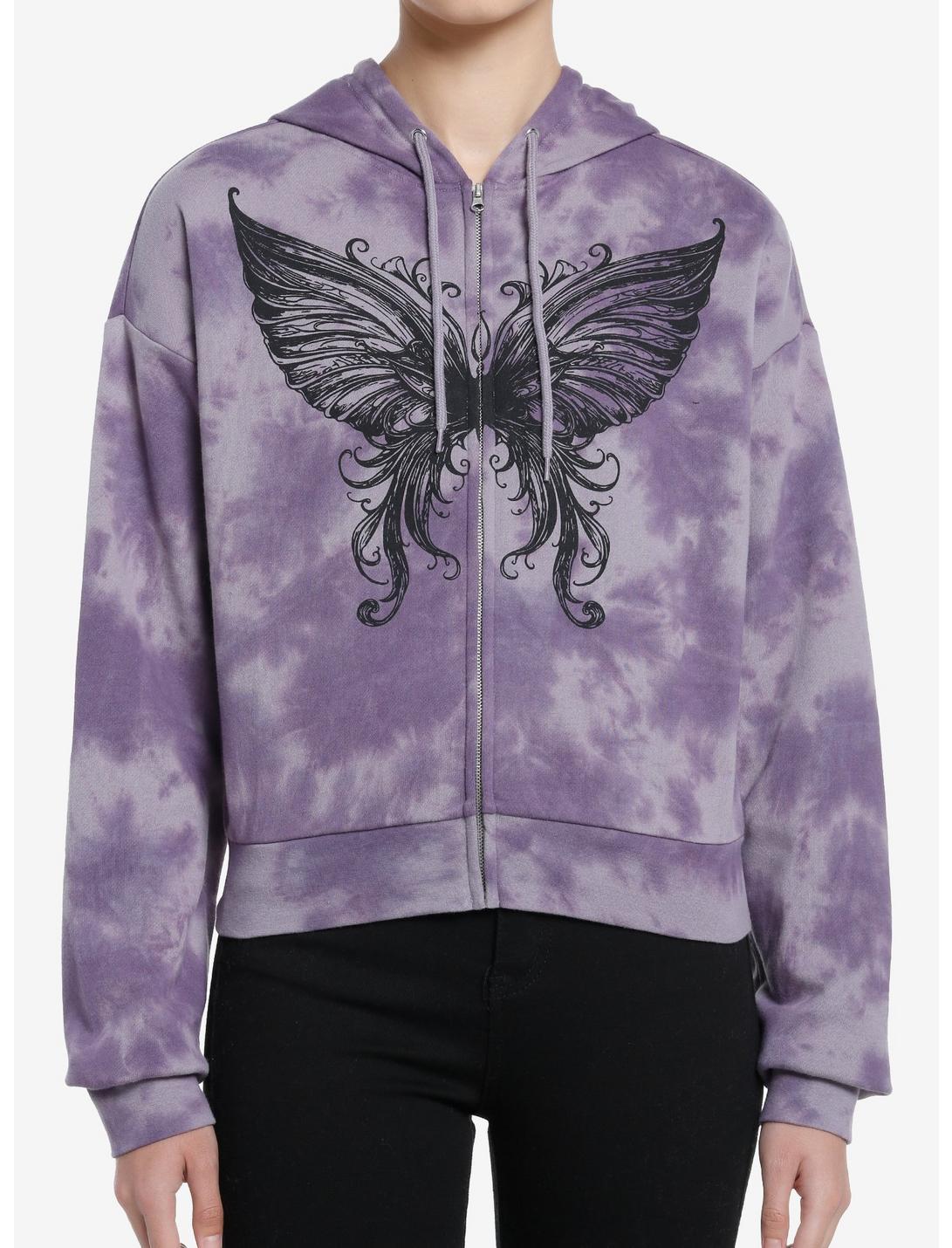 Thorn & Fable Butterfly Purple Tie-Dye Girls Crop Hoodie, BLACK, hi-res