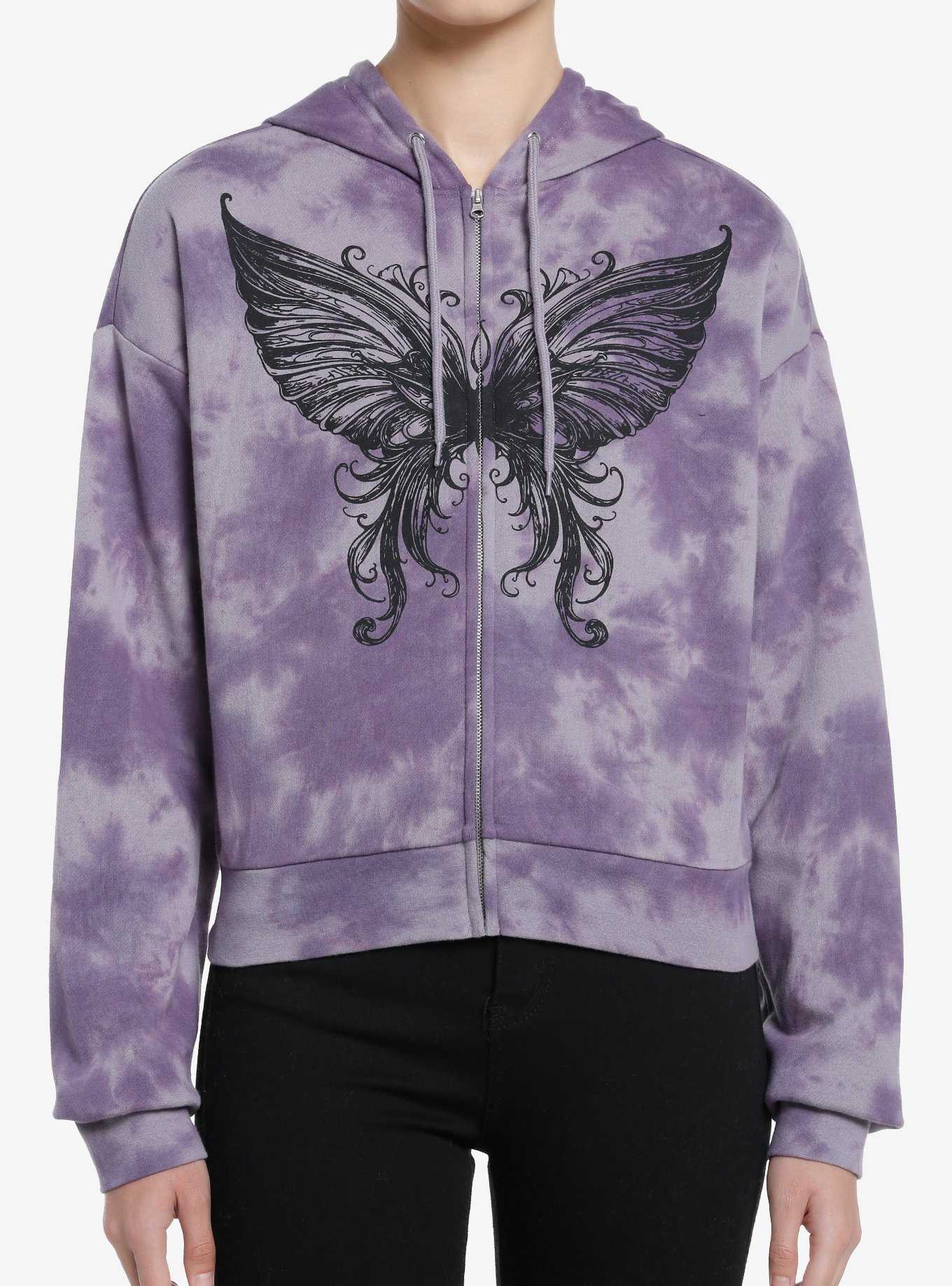 Thorn & Fable Butterfly Purple Tie-Dye Girls Crop Hoodie, , hi-res