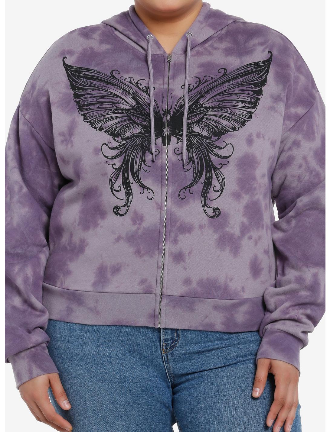 Thorn & Fable Butterfly Purple Tie-Dye Girls Crop Hoodie Plus Size, BLACK, hi-res
