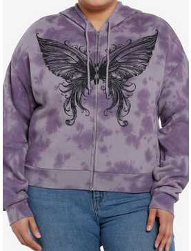 Thorn & Fable Butterfly Purple Tie-Dye Girls Crop Hoodie Plus Size, , hi-res