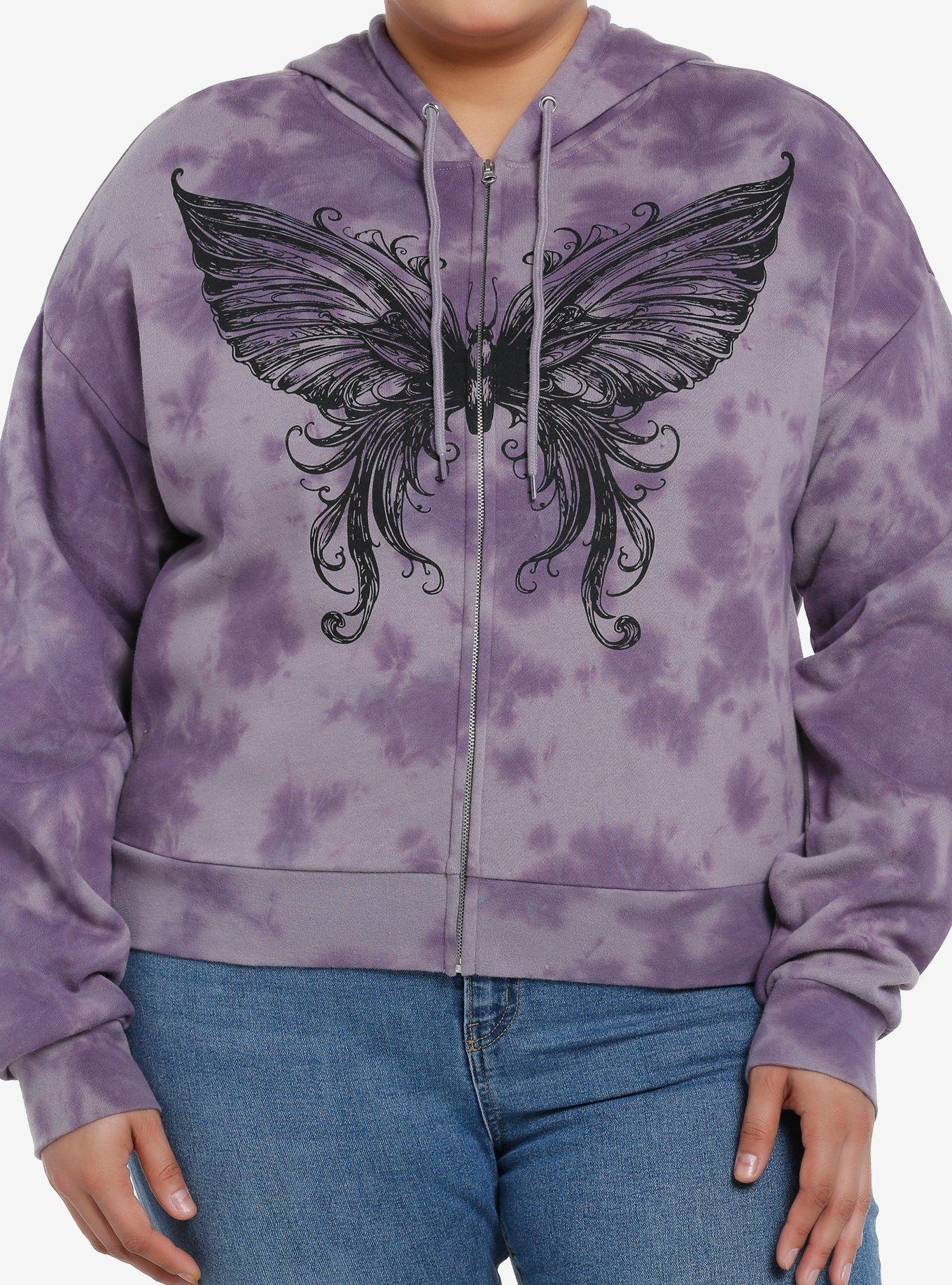 Thorn Fable Butterfly Purple Tie Dye Girls Crop Hoodie Plus Size