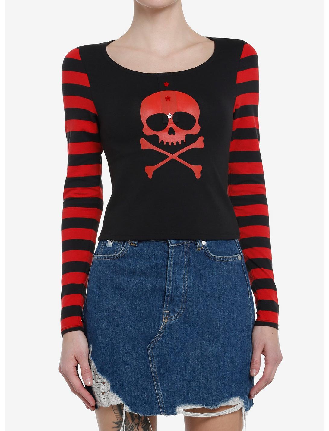 Social Collision Red Skull Striped Girls Long-Sleeve Top, RED, hi-res