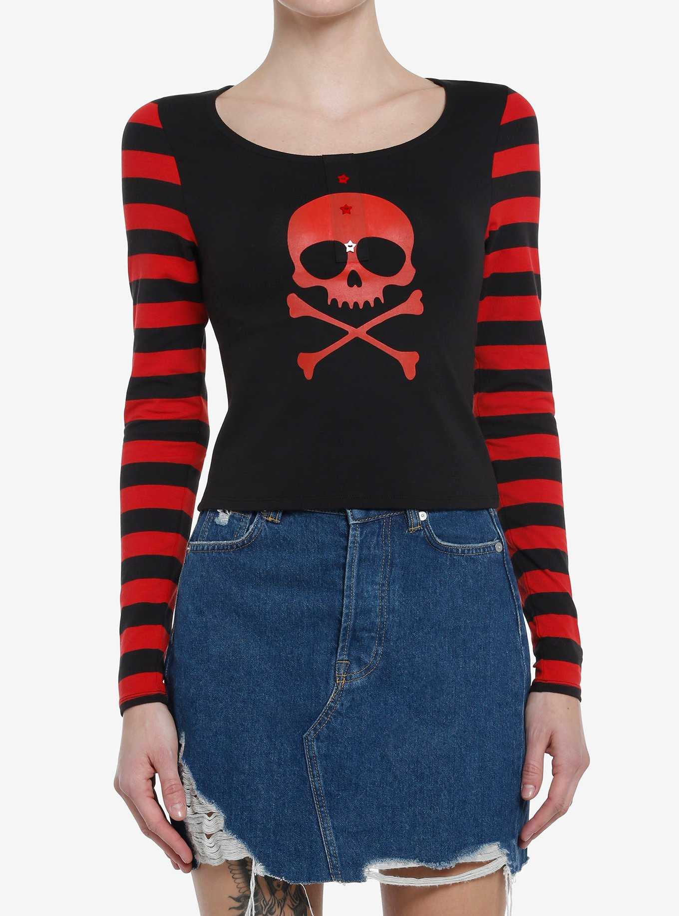 Social Collision Red Skull Striped Girls Long-Sleeve Top, , hi-res